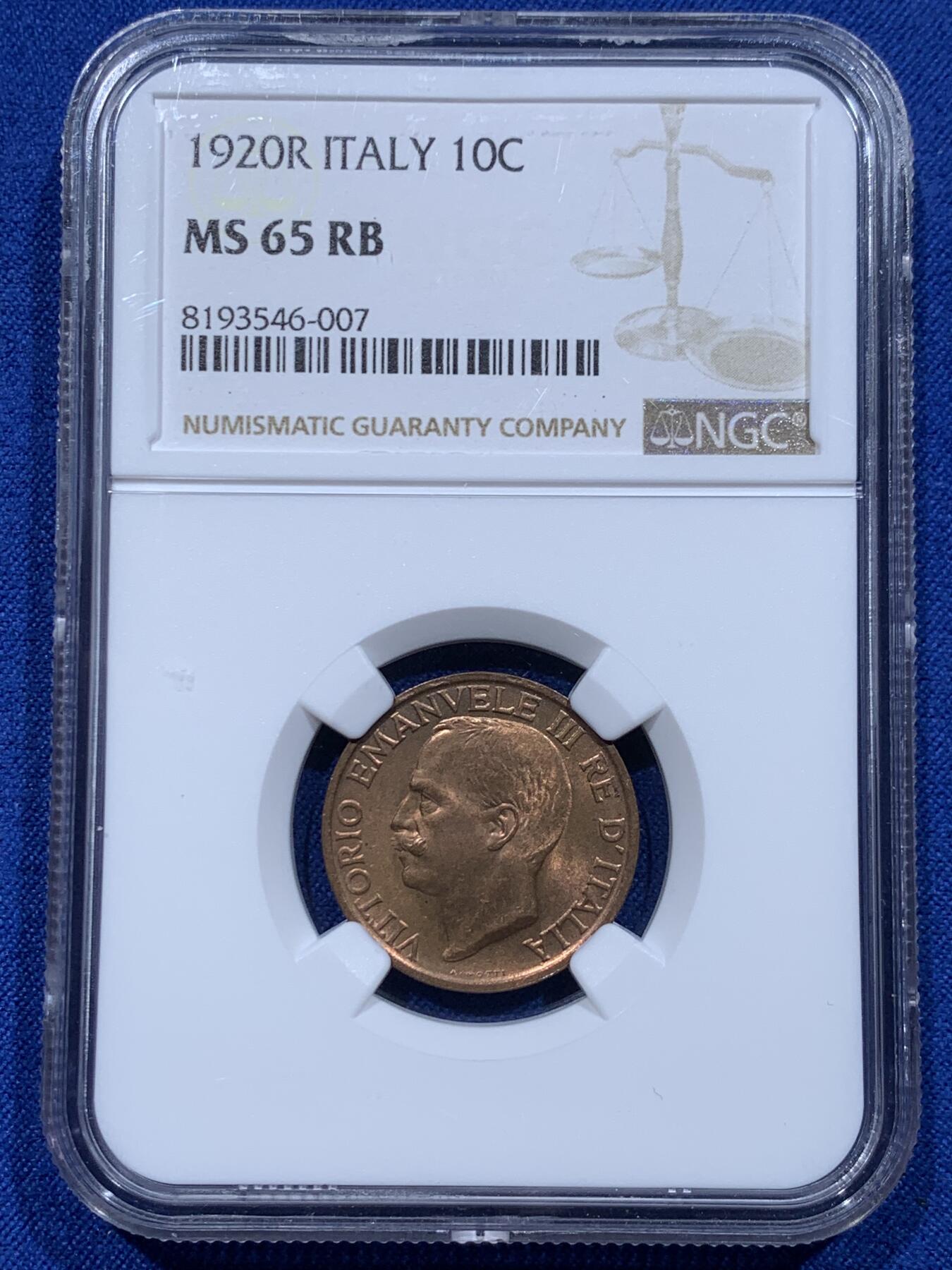 《竞宝斋》第366场 周日，周一 2场连拍 （全场包邮） NGC MS65RB 高分 意大利1920年小蜜蜂10分，意大利名誉品相，顶级，RB不容易，冠军分。