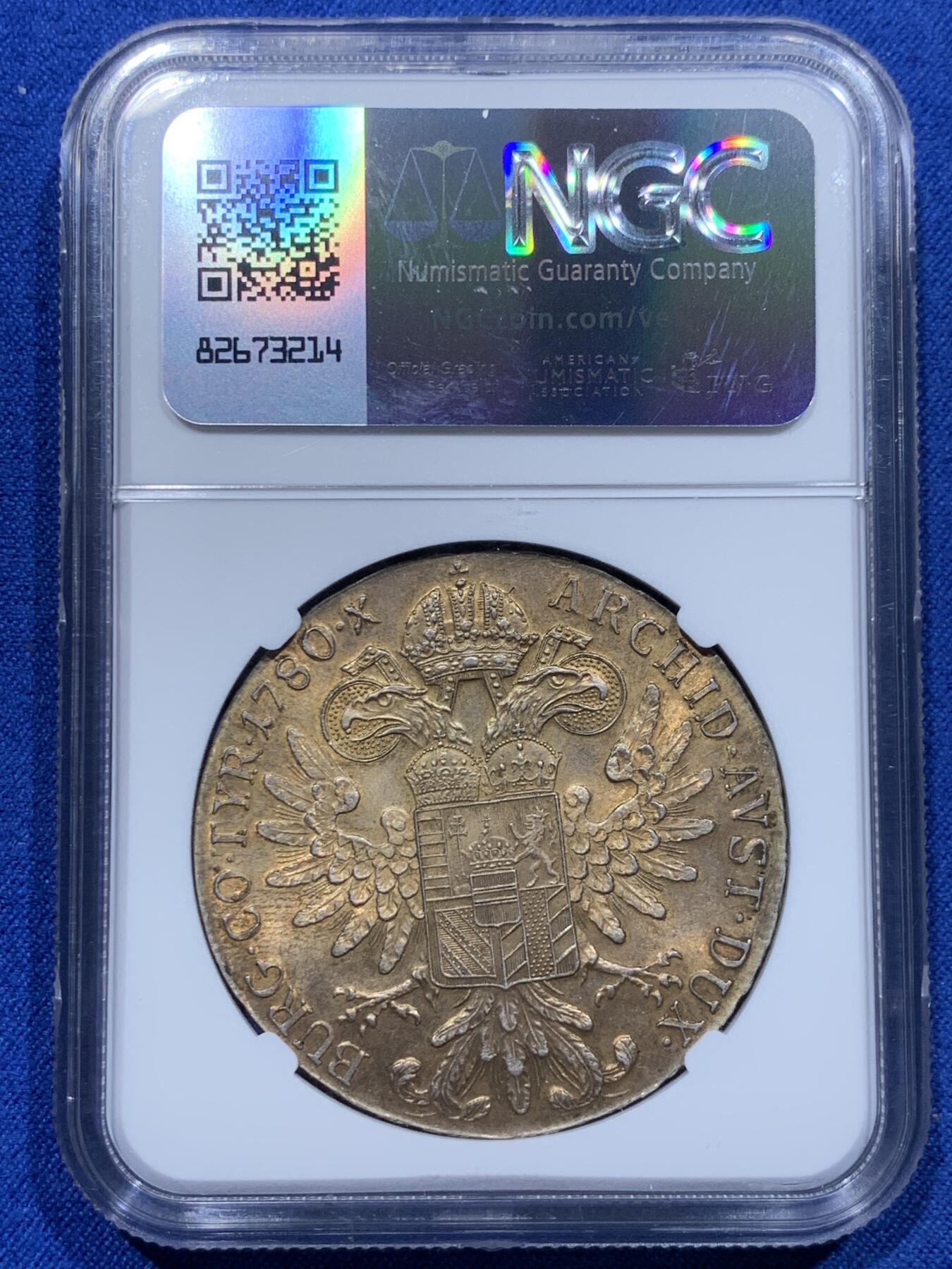 《竞宝斋》第366场 周日，周一 2场连拍 （全场包邮） NGC MS62 奥匈帝国 特蕾莎大奶妈1泰勒银币 官方后铸版 黄油包浆味道好