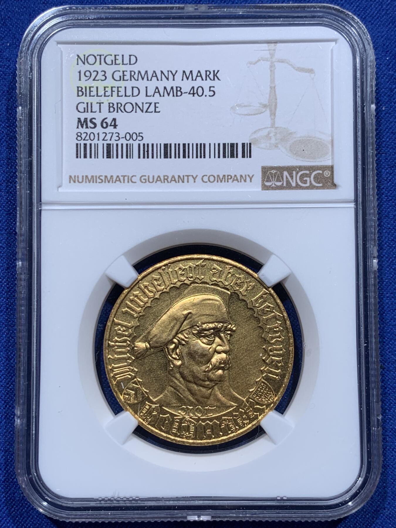 《竞宝斋》第366场 周日，周一 2场连拍 （全场包邮） NGC MS64 德国1923年德紧比勒菲尔德1金马克镀金铜币