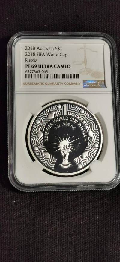 刘世昌艺术品销售中心～虎踞龙蟠*金杨在线联拍群第508期 - 澳大利亚2018年“俄罗斯世界杯”精制纪念银币（NGC    PF69UC    串号：6377363-065）1枚。