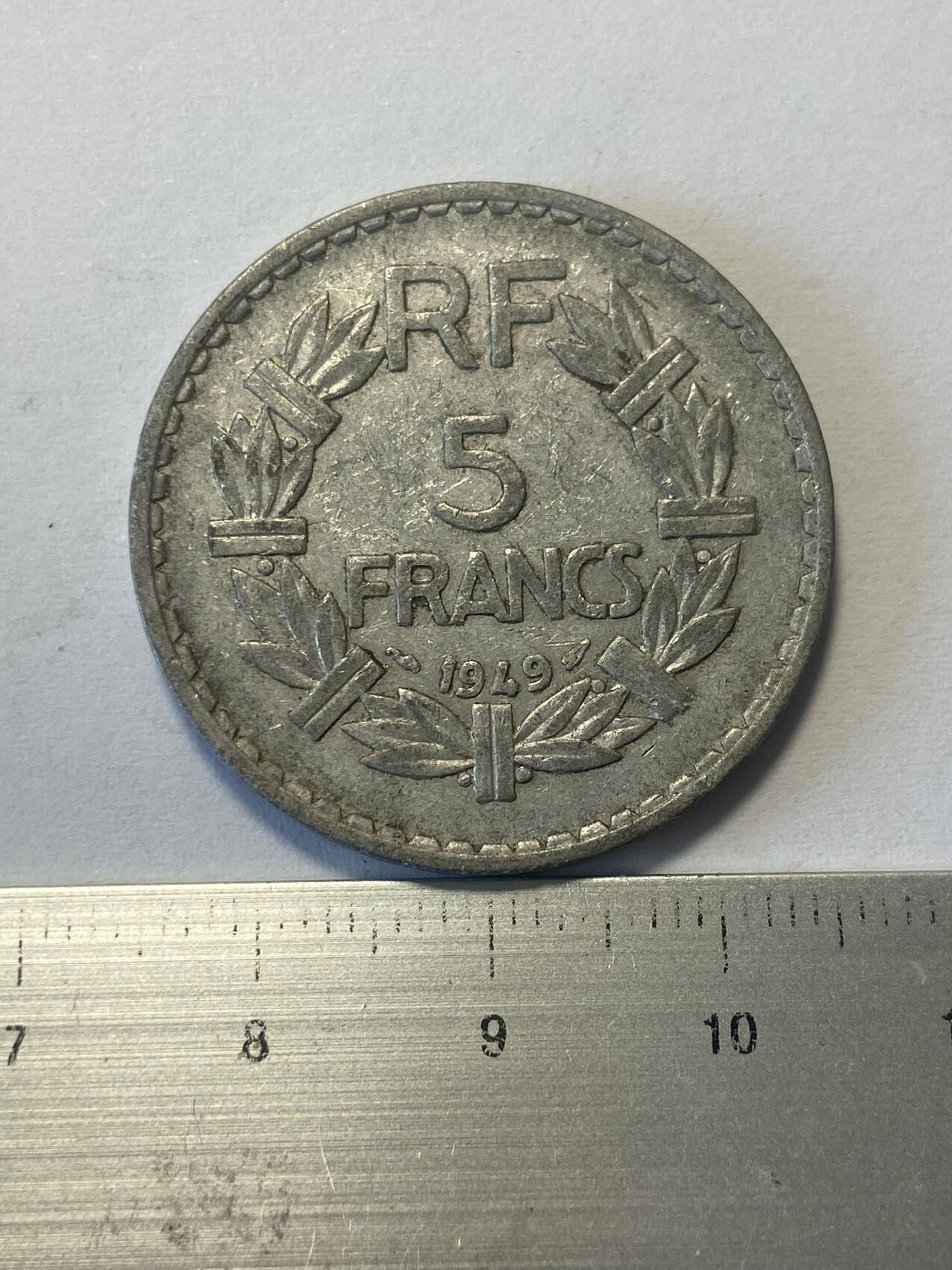 世界各国流通币纪念币等，第三期 1949年法国5法郎，旧品，铝制品