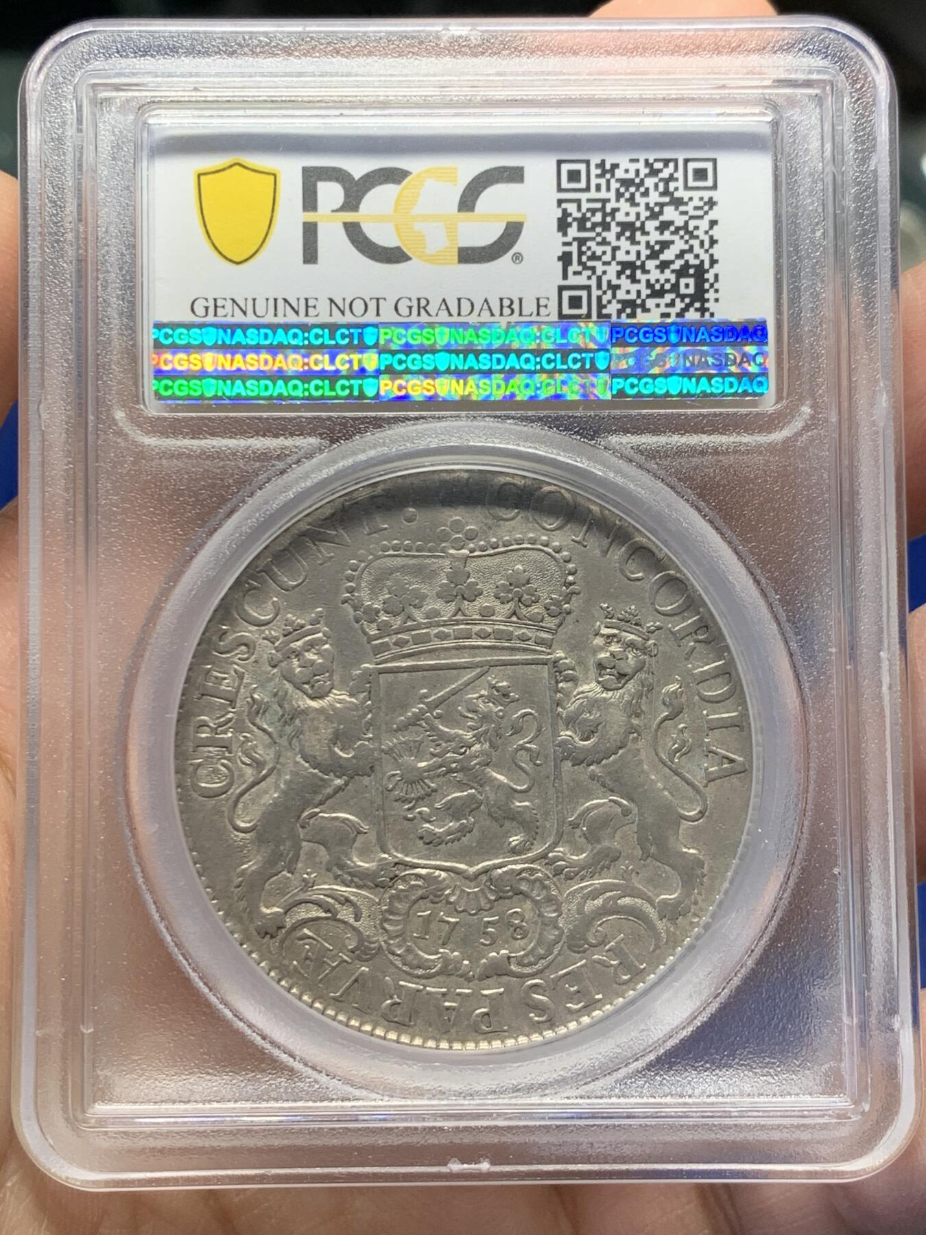 《竞宝斋》第366场 周日，周一 2场连拍 （全场包邮） PCGS AUD 荷兰1758年乌特勒支省1杜卡特大马剑银币，打制精美，缰绳等细节清晰可见，没有明显擦丝，加厚盒。
