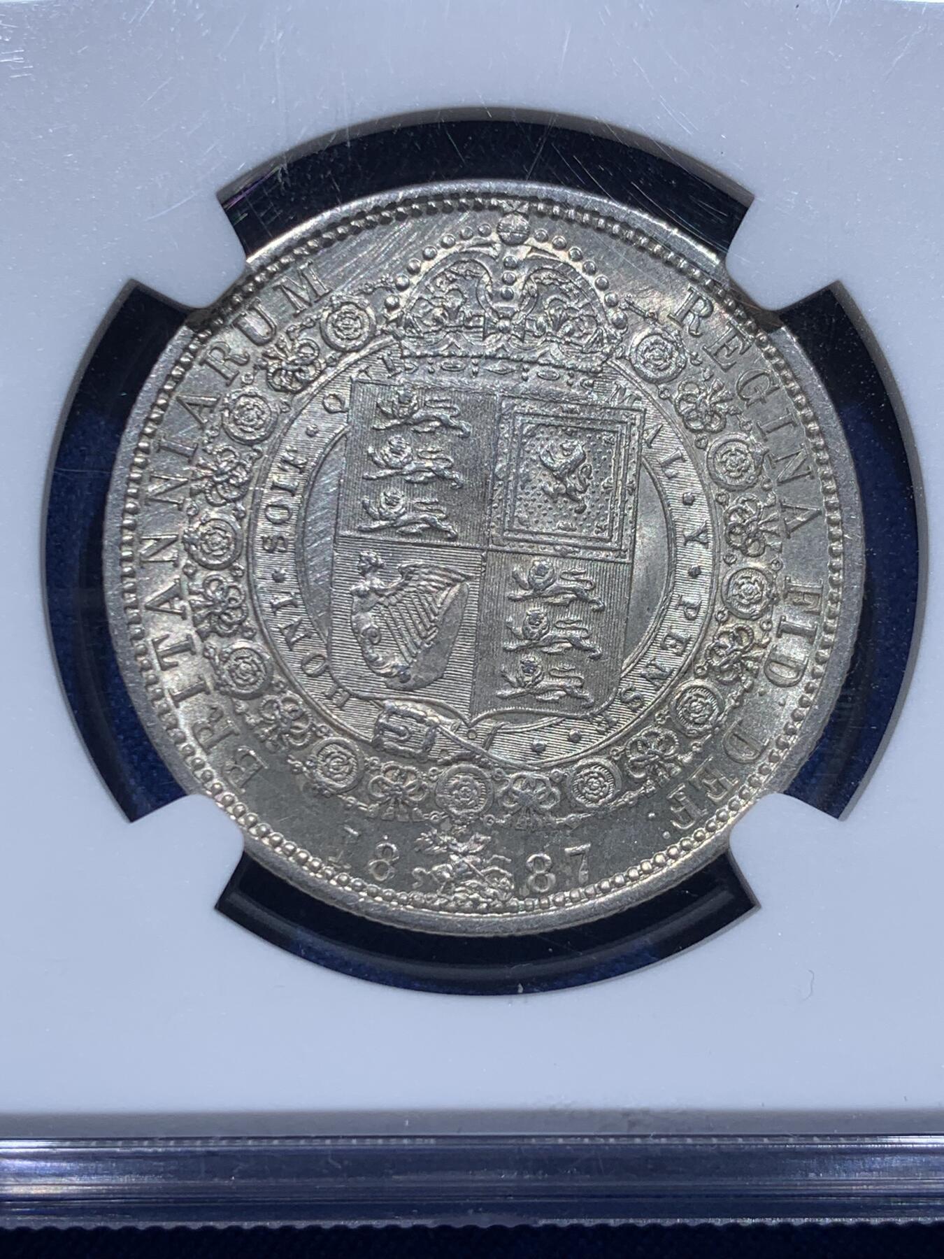 《竞宝斋》第366场 周日，周一 2场连拍 （全场包邮） NGC UNC 英国1887年维多利亚半克朗 强转光 底板好 高点无磨损 可以再养包浆搏分