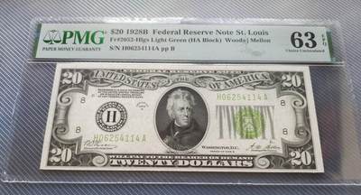 UNC 美国纸币 1928年B版 20美元纸币 LGS版 Pmg 63E - UNC 美国纸币 1928年B版 20美元纸币 LGS版 Pmg 63E