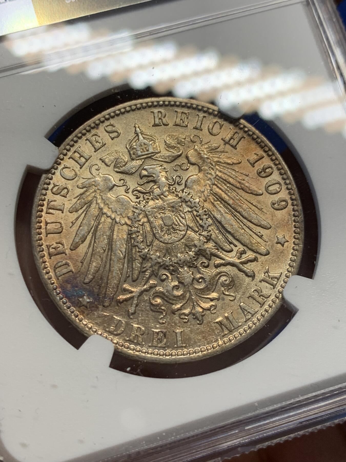 《竞宝斋》第366场 周日，周一 2场连拍 （全场包邮） NGC AU55 德国1909年汉堡3马克银币