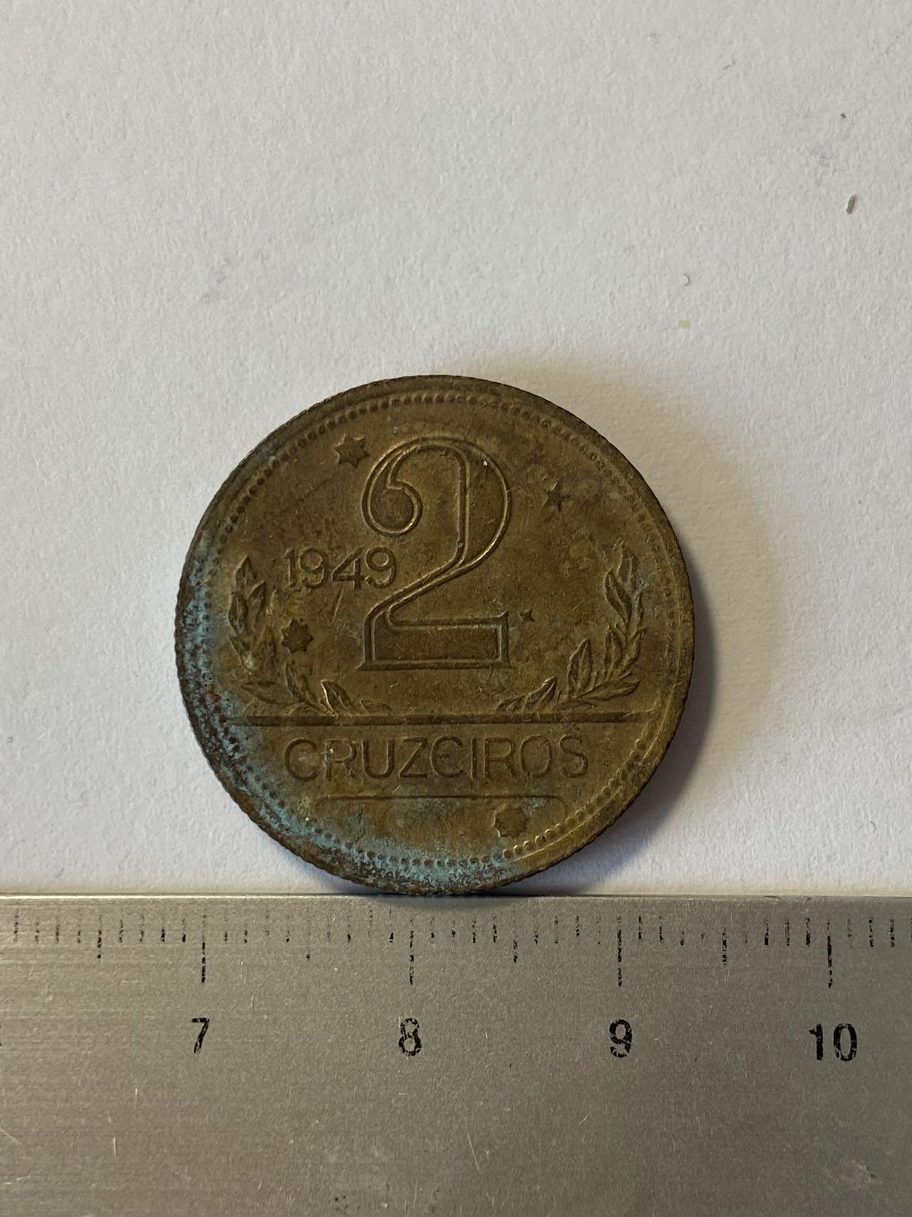 世界各国流通币纪念币等，第三期 1949年巴西2克鲁塞罗，旧品，背面浮雕巴西地图