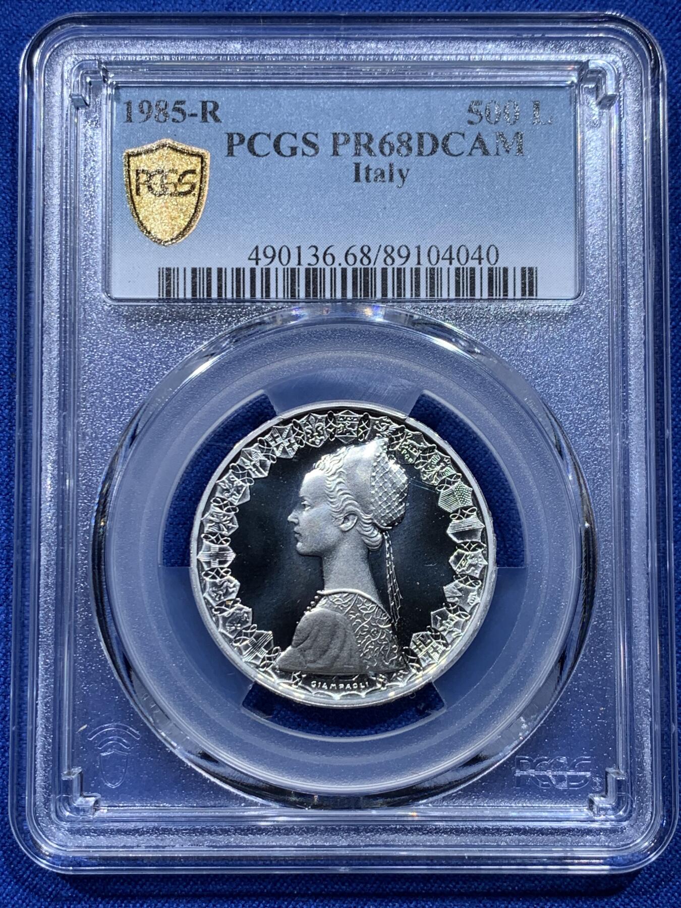 《竞宝斋》第366场 周日，周一 2场连拍 （全场包邮） 亚军分 PCGS PR68DCAM 1985年 意大利 帆船女神 500里拉 银币 霜光十足