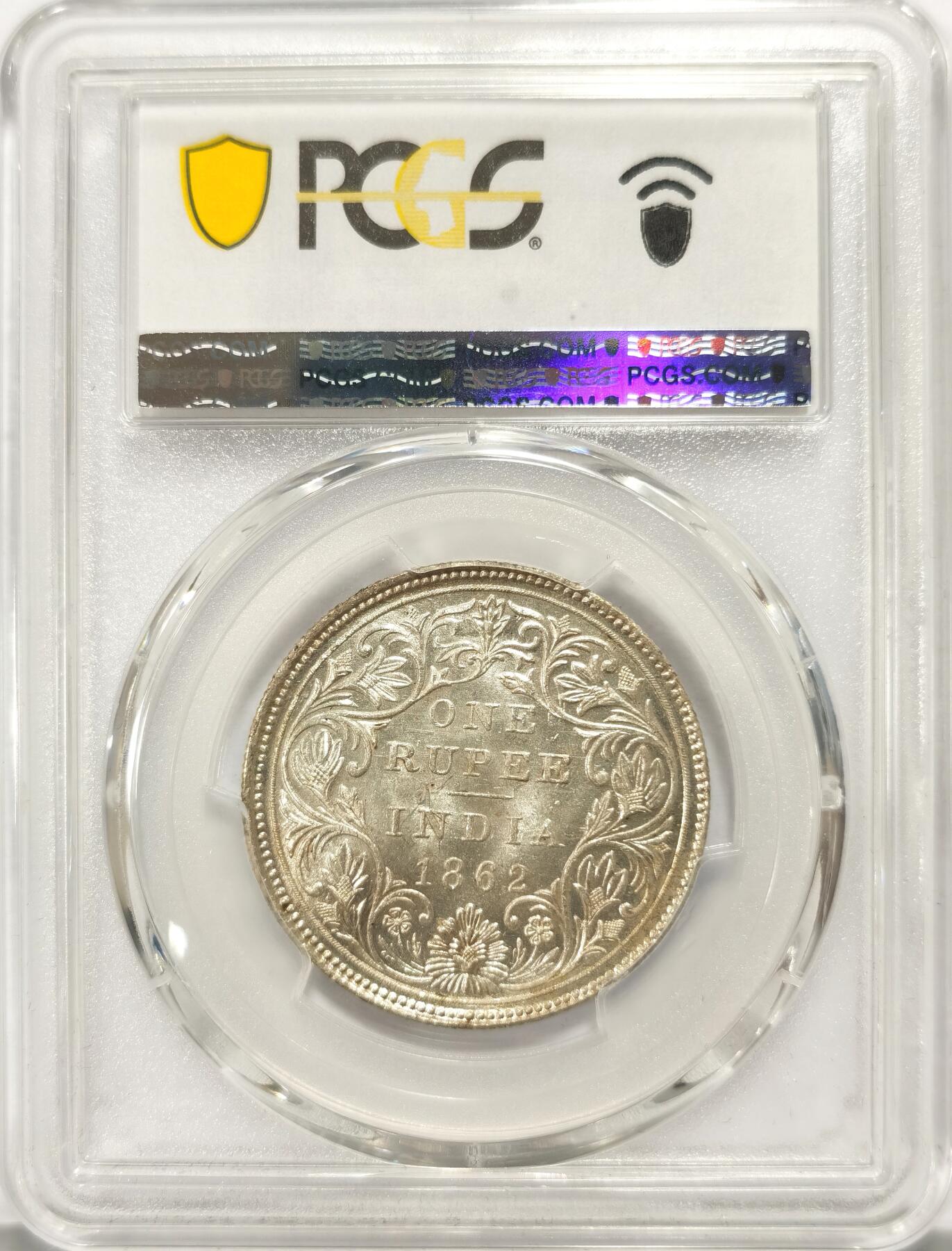 博洋堂“满目春色”三月精品专场暨第116期（全场包邮） PCGS MS63 英属印度1862年维多利亚1卢比银币，BU高分干净漂亮