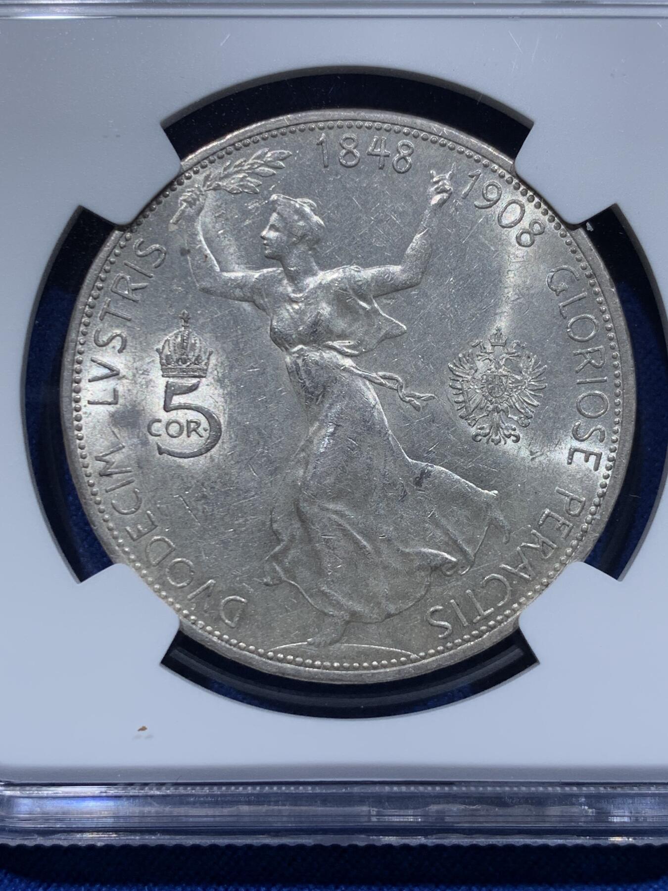 《竞宝斋》第366场 周日，周一 2场连拍 （全场包邮） NGC AU58 奥匈帝国1908年弗兰茨5克朗登基60周年谷物女神银币，转光强烈细节优秀。