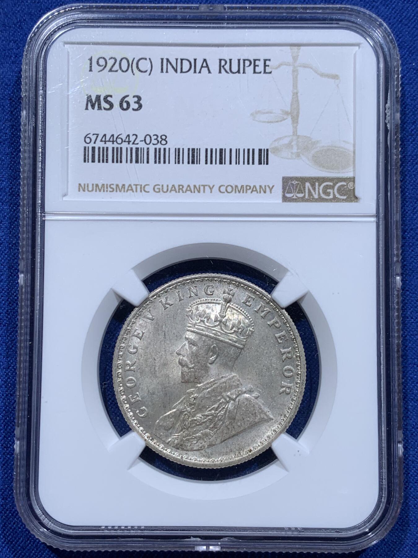 《竞宝斋》第366场 周日，周一 2场连拍 （全场包邮） NGC MS63 英属印度1920年乔治五世卢比 C版加尔各答造