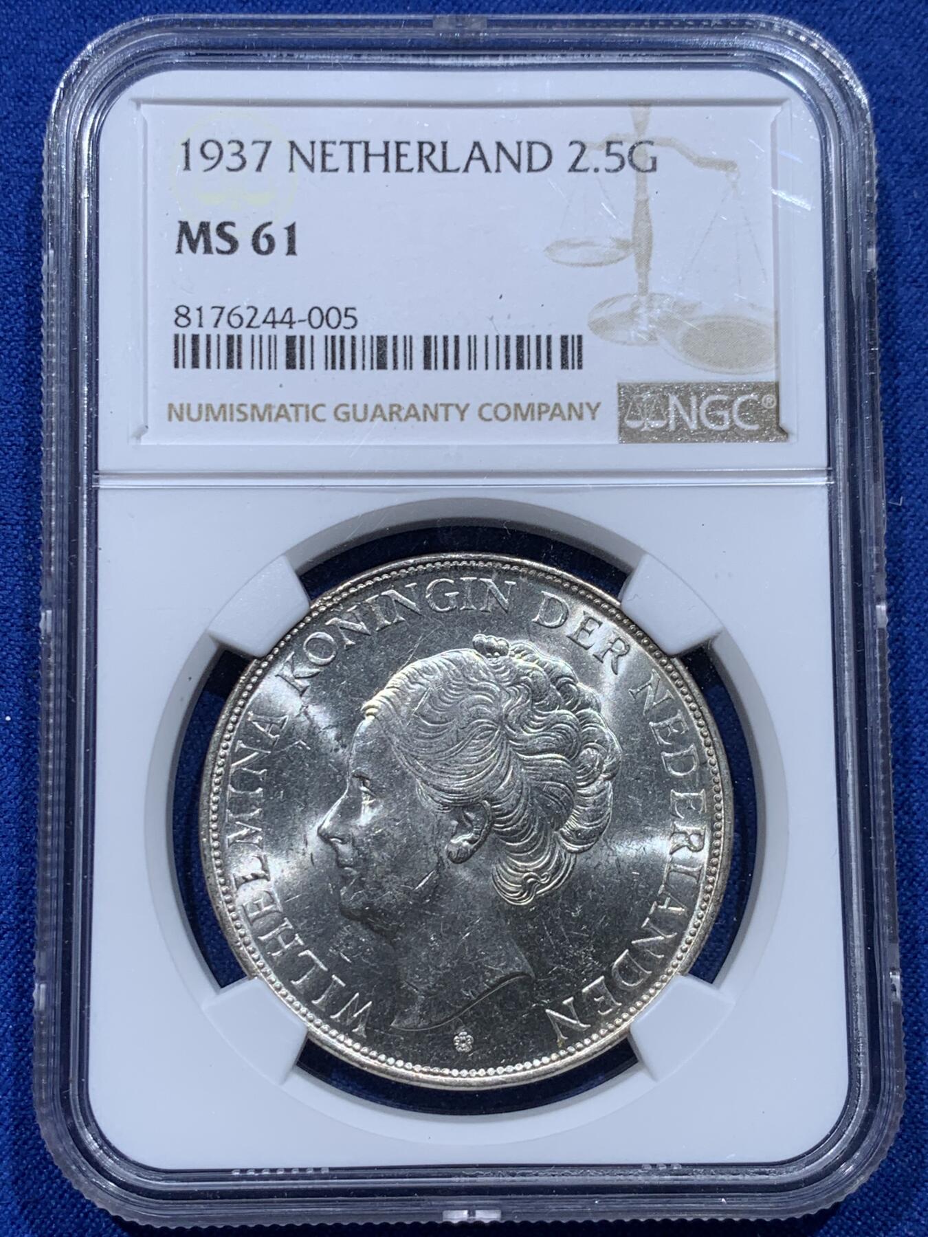 《竞宝斋》第366场 周日，周一 2场连拍 （全场包邮） NGC MS61 荷兰 1937年 威廉敏娜 2.5荷兰盾 银币 无包浆暴光 略低评