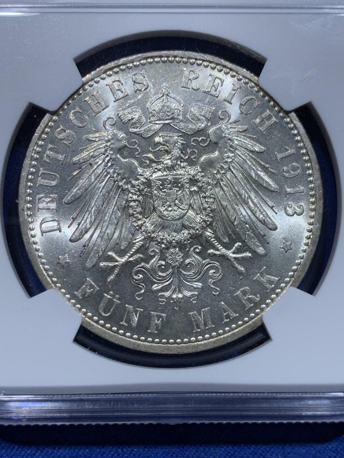《竞宝斋》第366场 周日，周一 2场连拍 （全场包邮） NGC MS62 德国 1913年 威廉二世戎装5马克银币