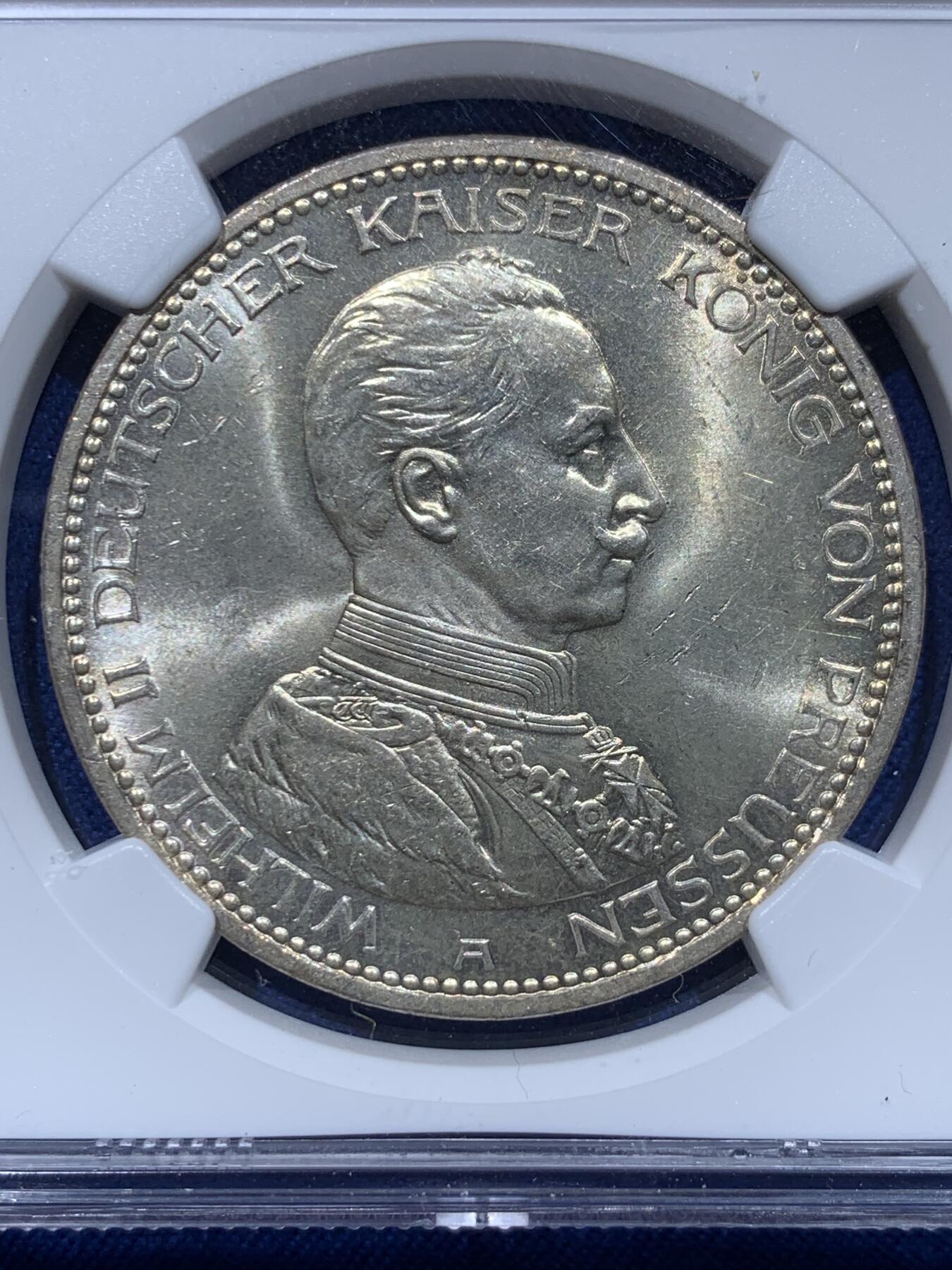 《竞宝斋》第366场 周日，周一 2场连拍 （全场包邮） NGC MS62 德国 1913年 威廉二世戎装5马克银币