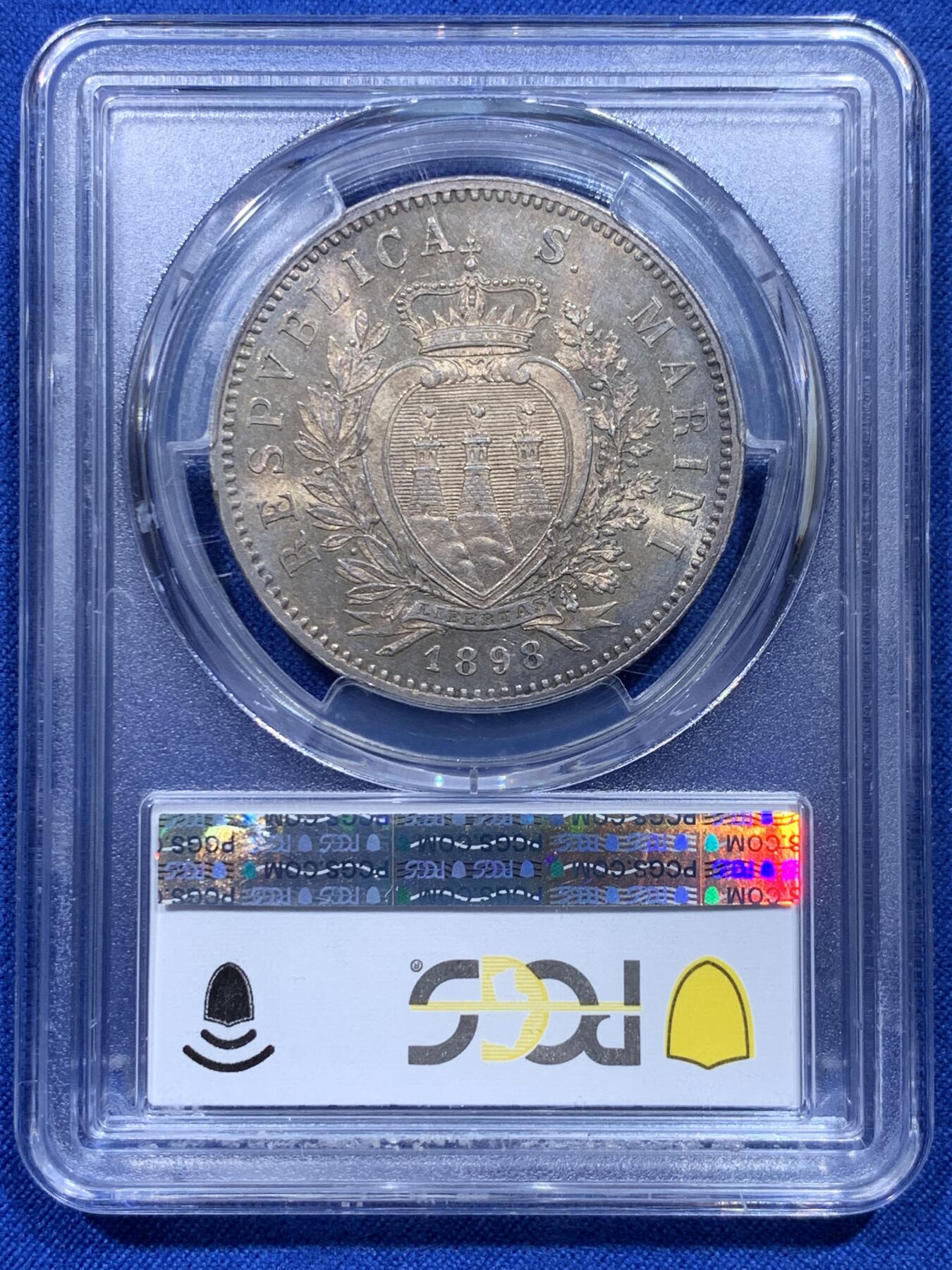 《竞宝斋》第366场 周日，周一 2场连拍 （全场包邮） PCGS MS62 圣马力诺1898-R神父5里拉 打制精美 正反面覆盖五彩包浆