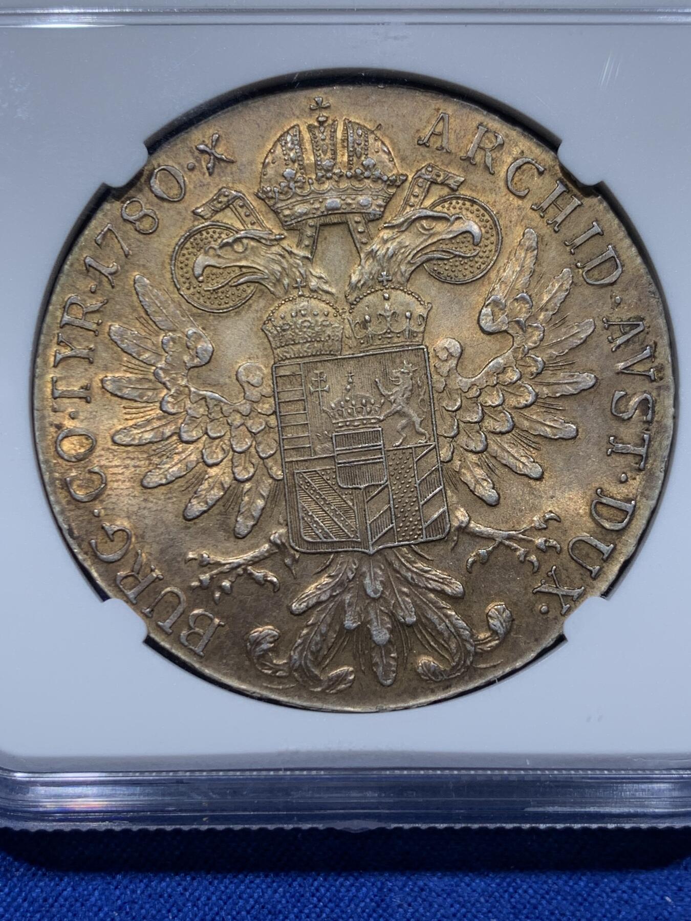 《竞宝斋》第366场 周日，周一 2场连拍 （全场包邮） NGC MS62 奥匈帝国 特蕾莎大奶妈1泰勒银币 官方后铸版 黄油包浆味道好
