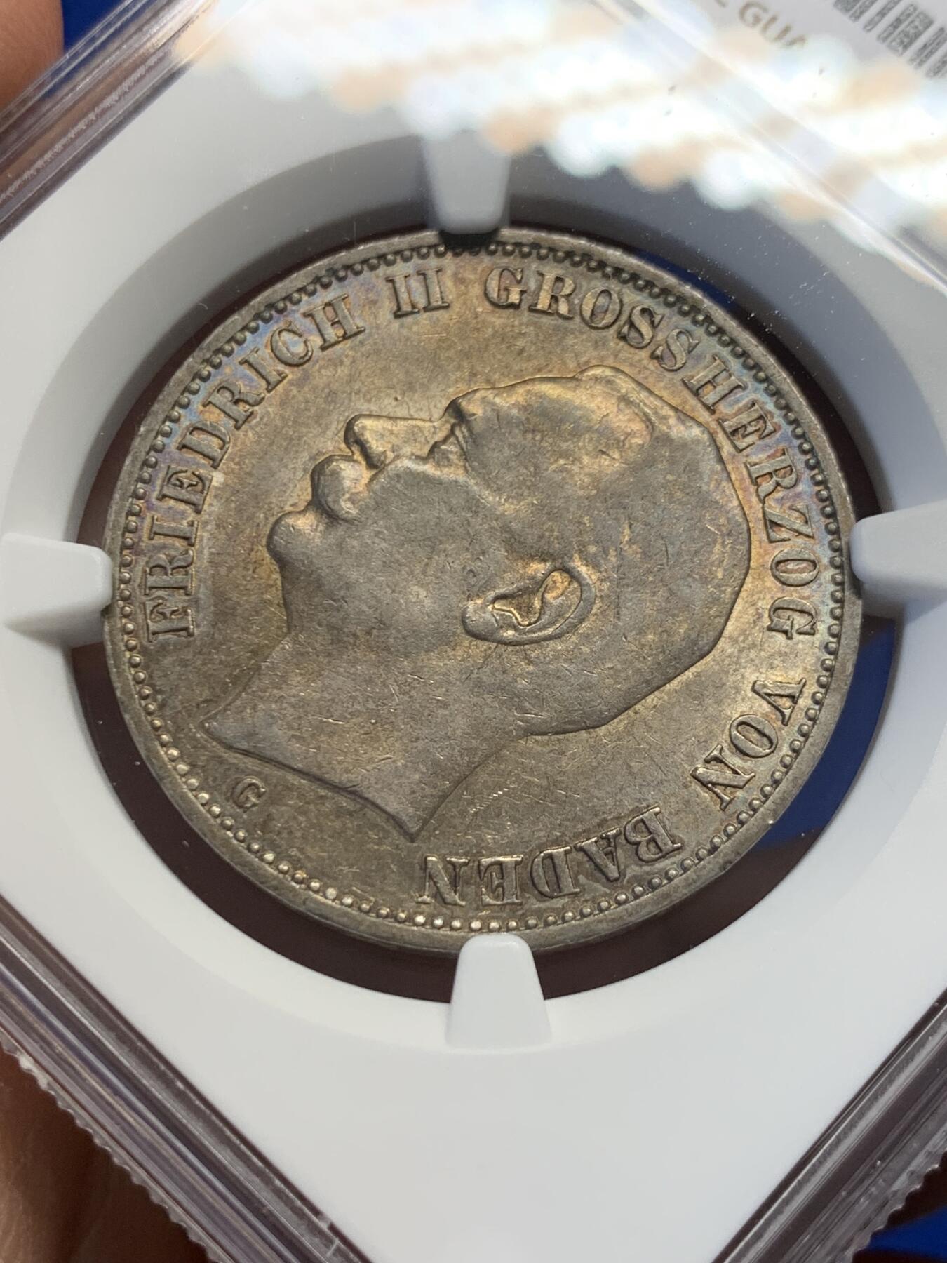 《竞宝斋》第366场 周日，周一 2场连拍 （全场包邮） NGC AU55 德国1910年巴登3马克银币 黄油彩底光不错
