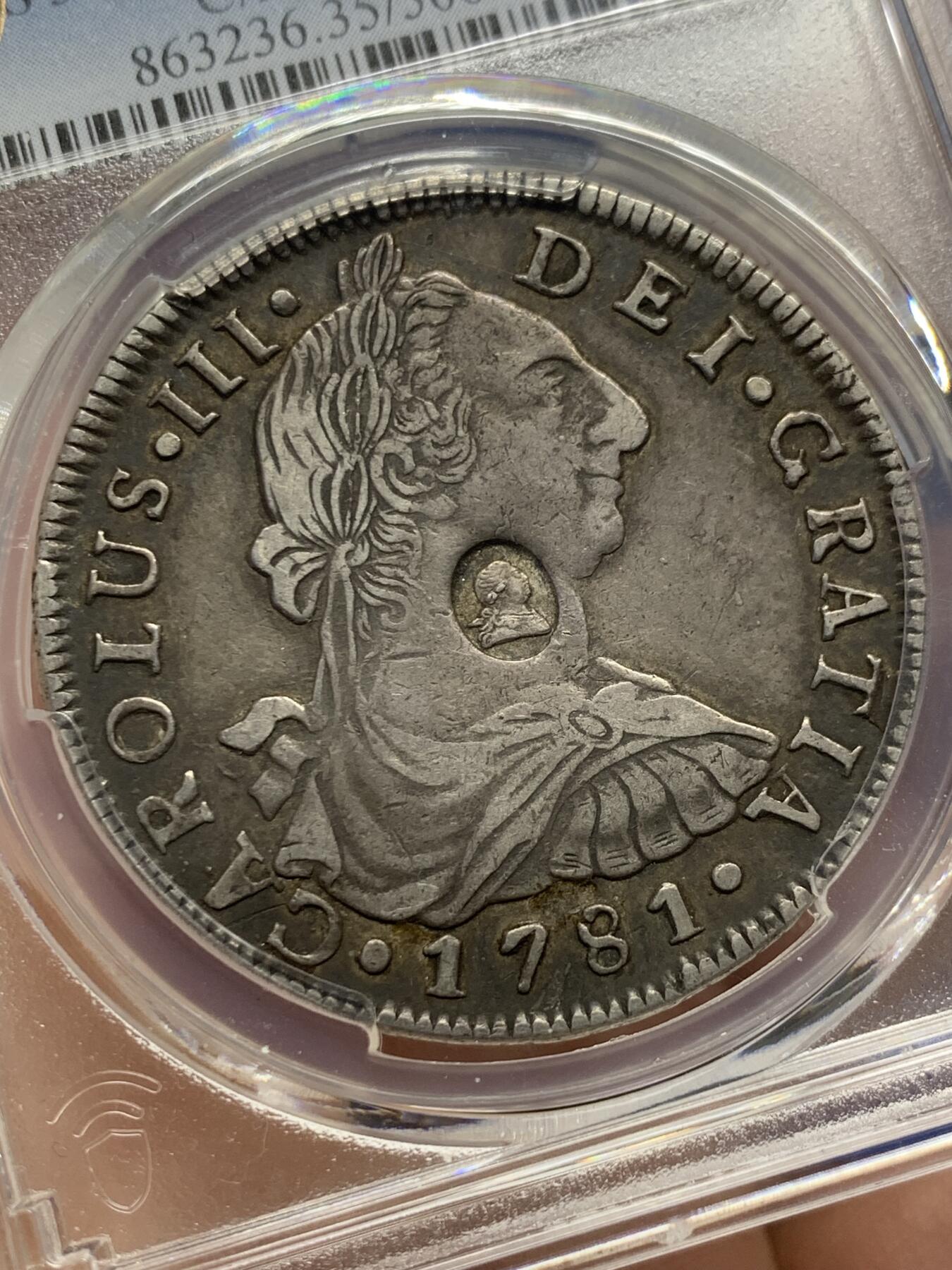 《竞宝斋》第366场 周日，周一 2场连拍 （全场包邮） PCGS VF35 英格兰银行加盖1781玻璃维亚卡三8里亚尔，比墨西哥的少几个数量级，超级状态，低评