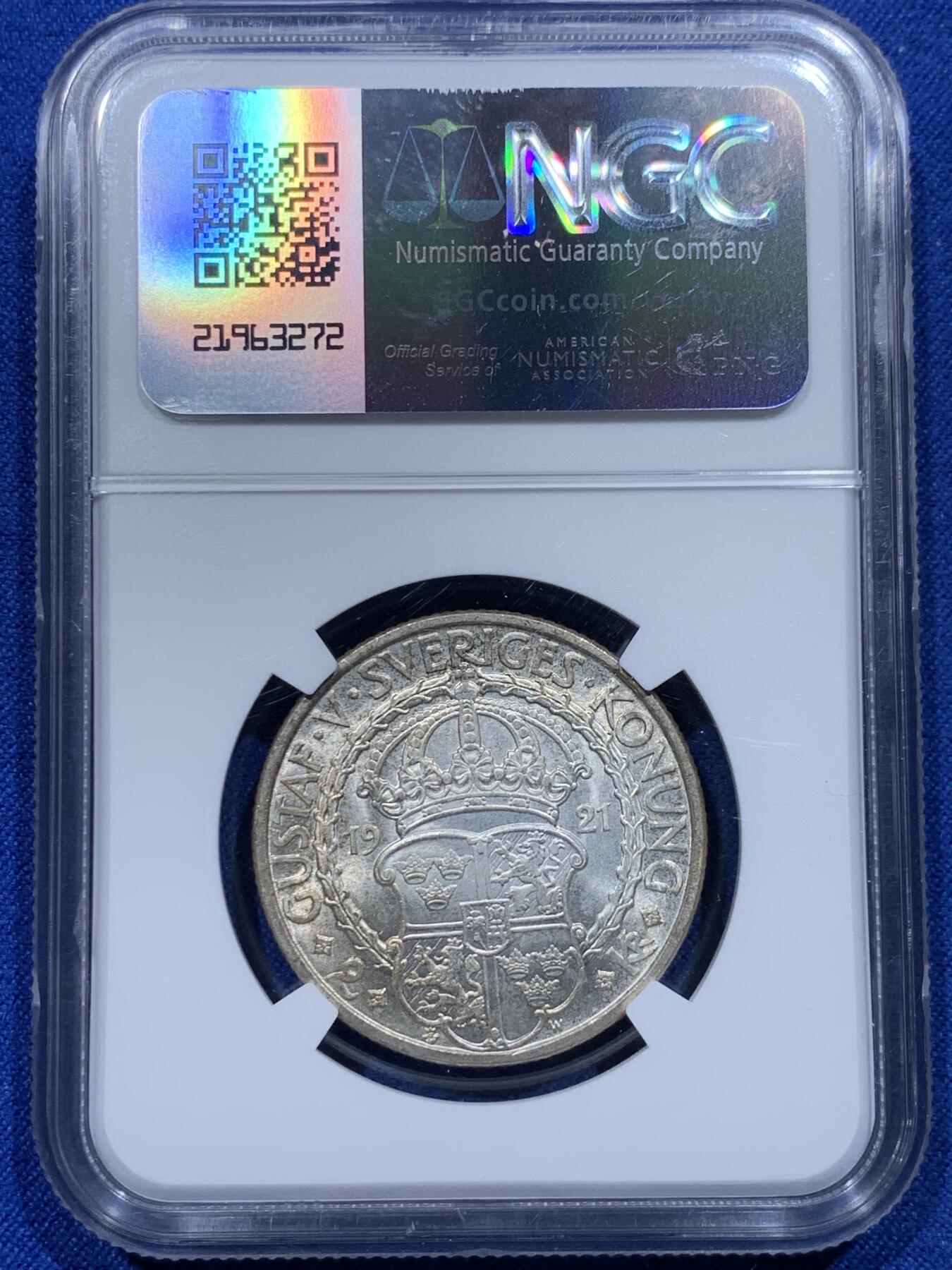 《竞宝斋》第366场 周日，周一 2场连拍 （全场包邮） NGC MS65 瑞典 1921年 2克朗 银币 400周年纪念币 蘑菇头国王 高分包浆
