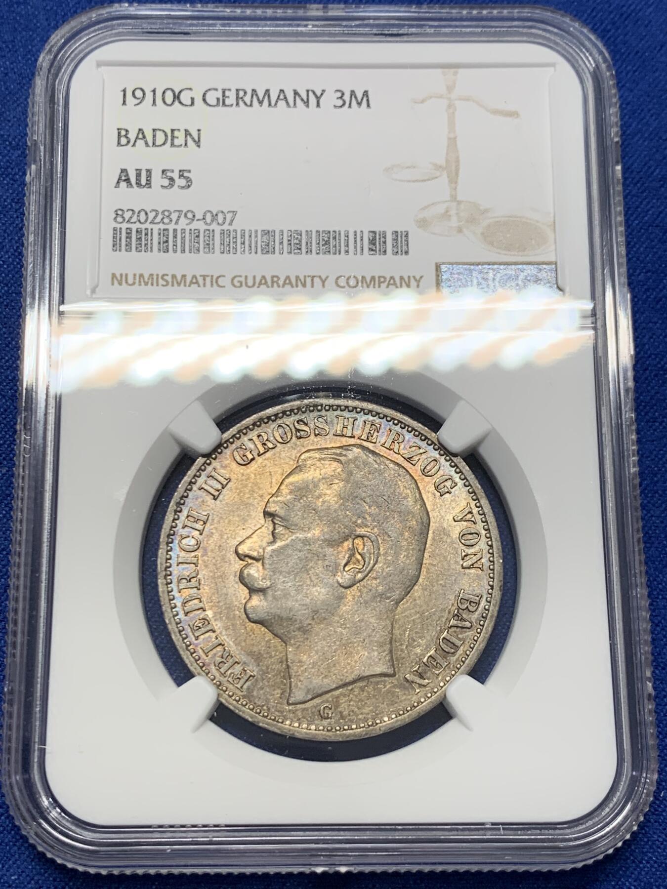 《竞宝斋》第366场 周日，周一 2场连拍 （全场包邮） NGC AU55 德国1910年巴登3马克银币 黄油彩底光不错