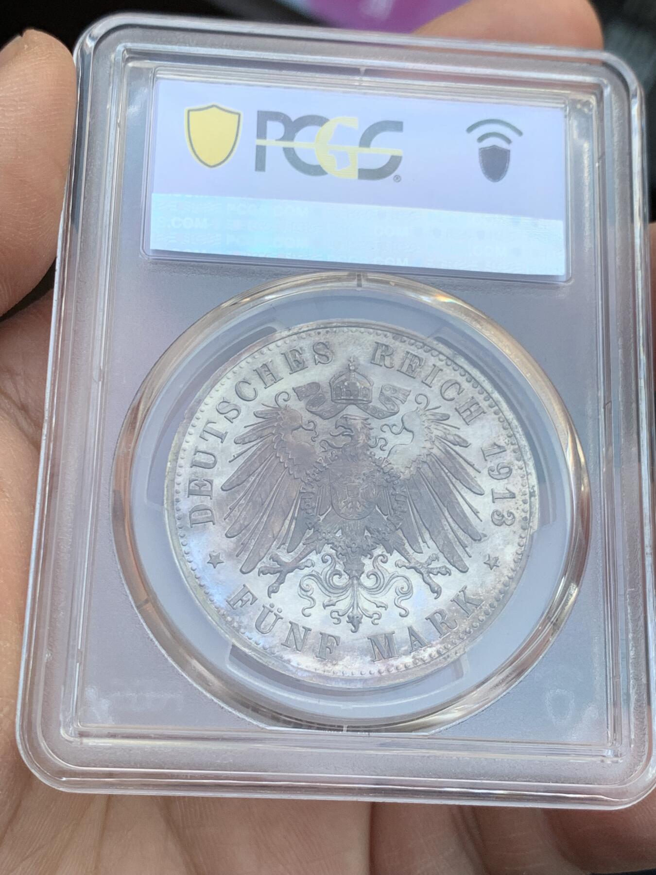 《竞宝斋》第366场 周日，周一 2场连拍 （全场包邮） PCGS  PR64CAM 德国 1913 威廉二世 5马克 精制银币 霓虹彩包浆 毕业品种