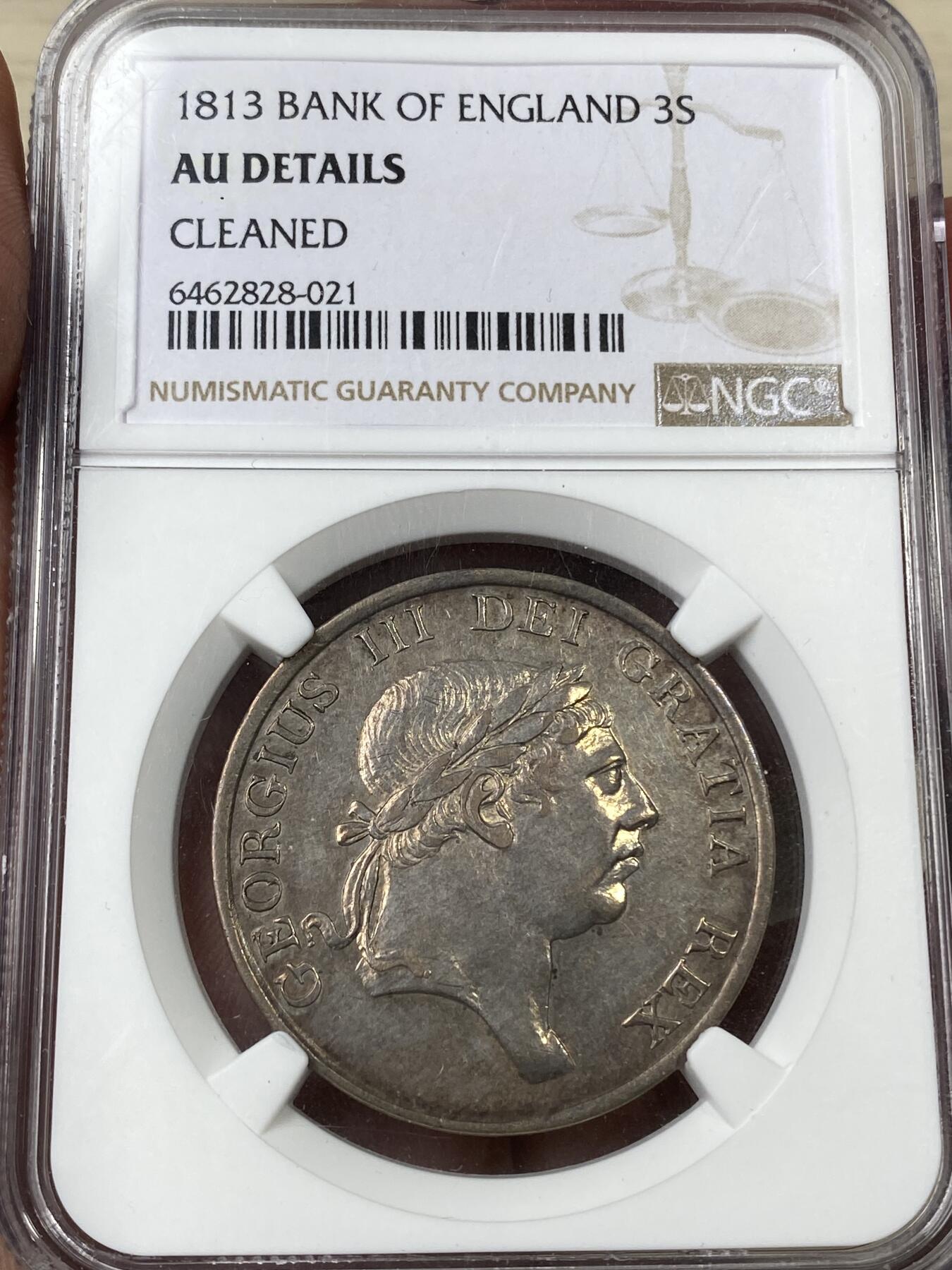 万国钱币拍卖第044期 NGC AUD 1813年英国乔治三世英格兰银行3先令银币 英式淡彩包浆状态舒服