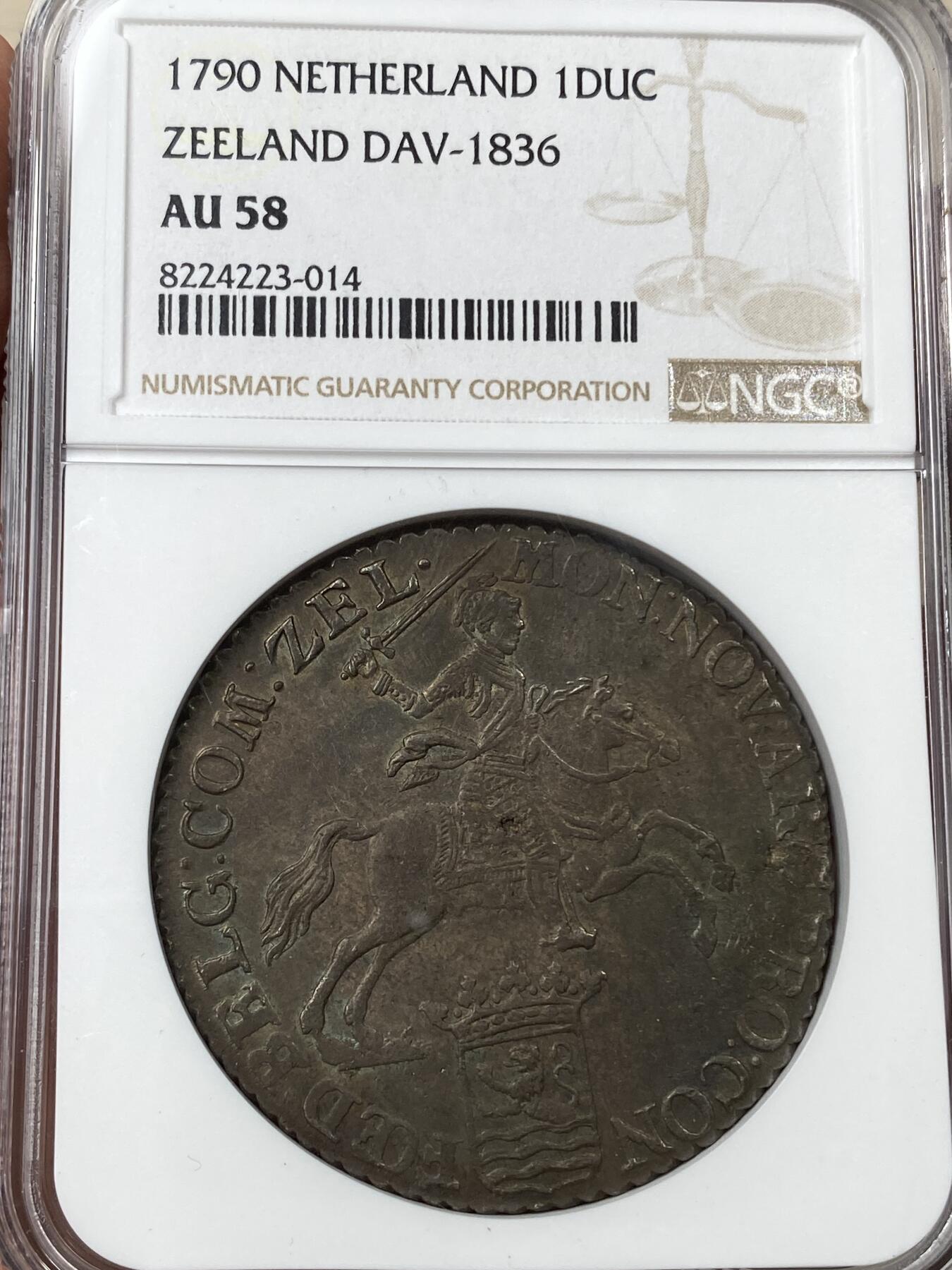 万国钱币拍卖第044期 NGC AU58 1790年尼德兰联省共和国泽兰省1杜卡特大马剑银币 较为稀少省份配上诱人的欧陆酱彩令人着迷