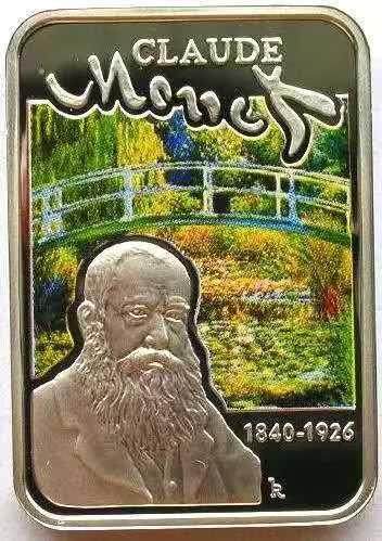 【币将精彩】世界钱币拍卖（2025-8-6） - 纽埃2010年画家莫奈方型彩色银币  面值1元,规格:40X28毫米,重28克,双面彩色，有证书。