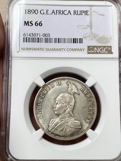 万国钱币拍卖第044期 - NGC MS66 1890年德属东非威廉二世军装1卢比 原味环五彩顶级GEM品质 天花板级别品相 难度和UNC不是一个级别 一枚永不换藏 HA同分的1891成交价3w+