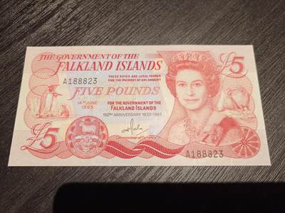 【世界钱币】精选微拍第173期暨2025年第12期  部分卖剩新品上架  1983年福克兰群岛5镑 纪念钞全新绝品无47靓号188823
