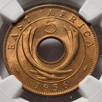 紫瑗钱币——第572期 - 英属东非 1956年 H版 伊丽莎白二世 5分 红铜币 NGC MS65 RD