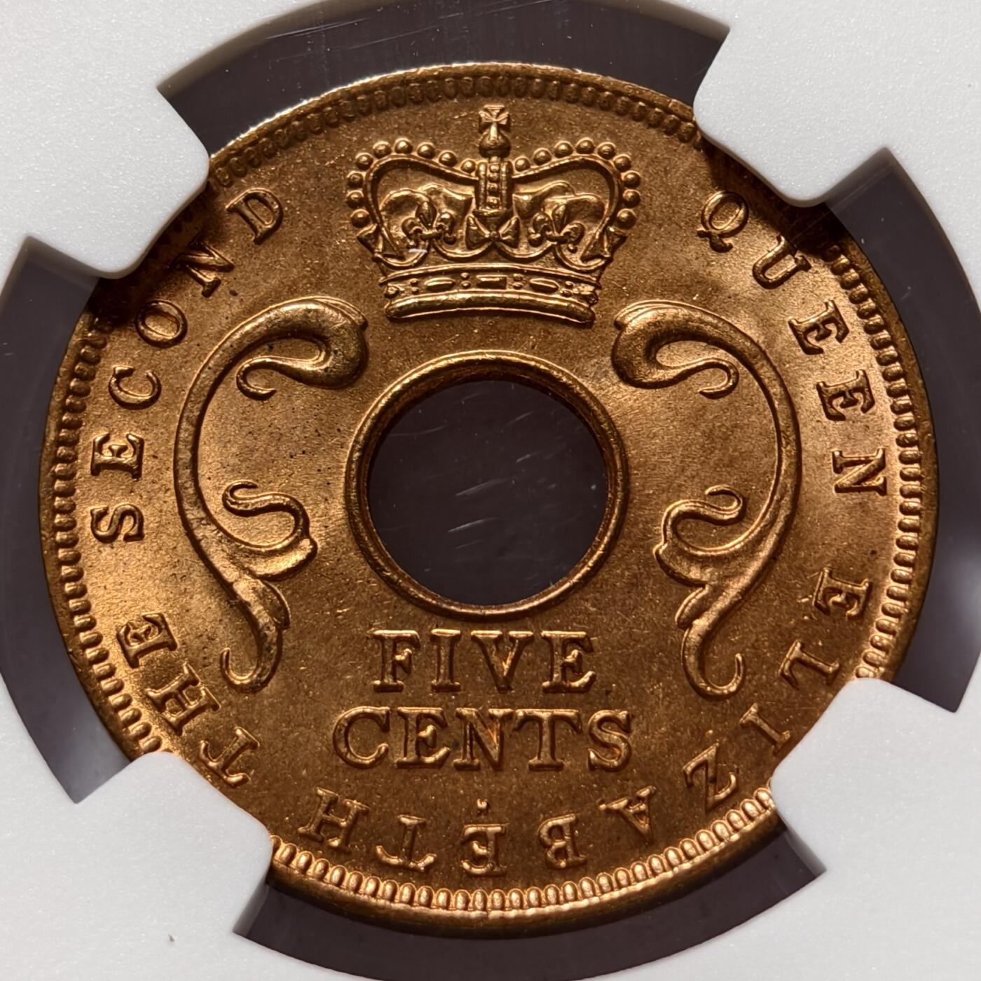 紫瑗钱币——第524期 英属东非 1956年 H版 伊丽莎白二世 5分 红铜币 NGC MS65 RB