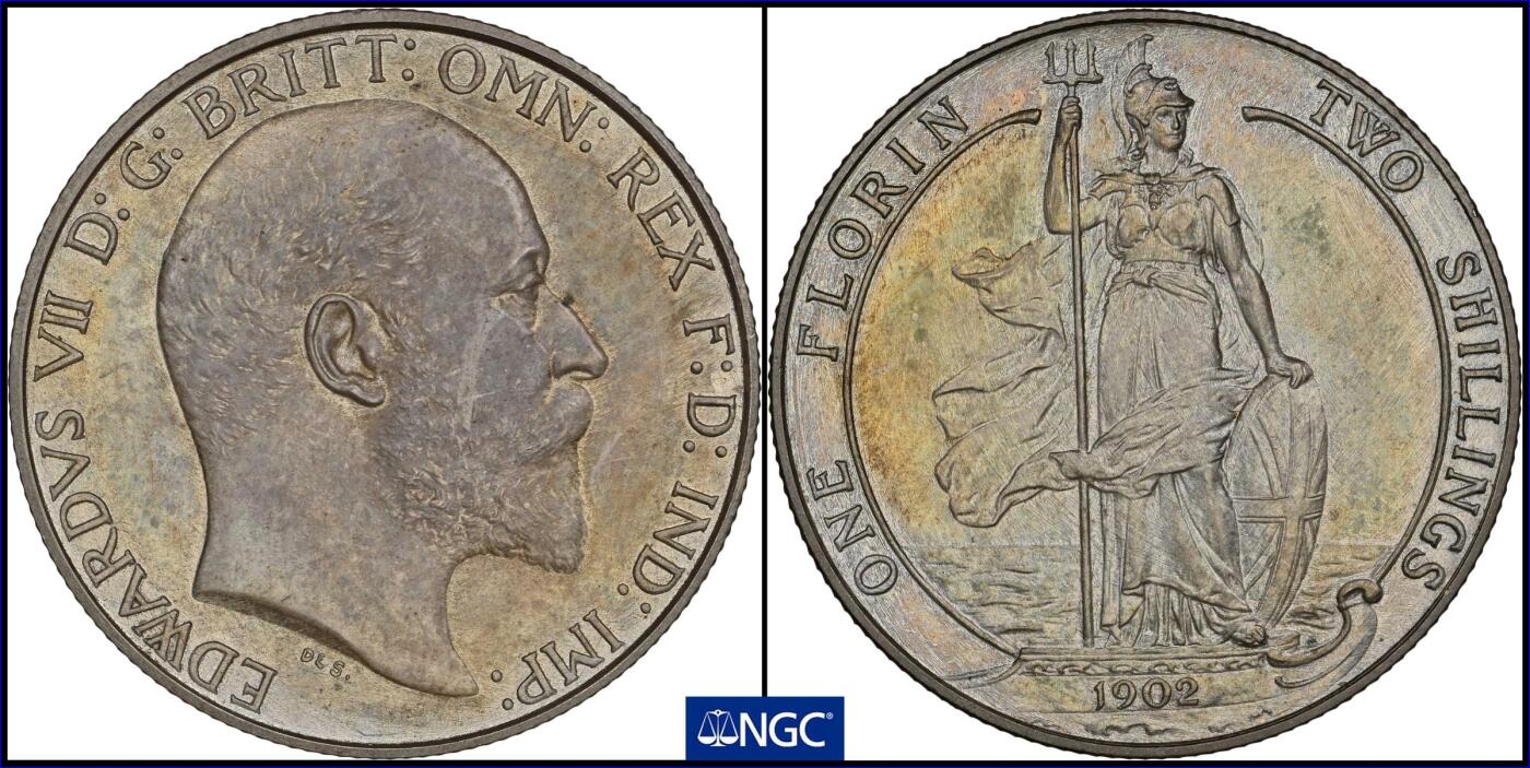 万国钱币拍卖第043期 NGC PF64 1910年英国爱德华七世海神精制2先令银币 英式五彩磨砂精制收藏品质