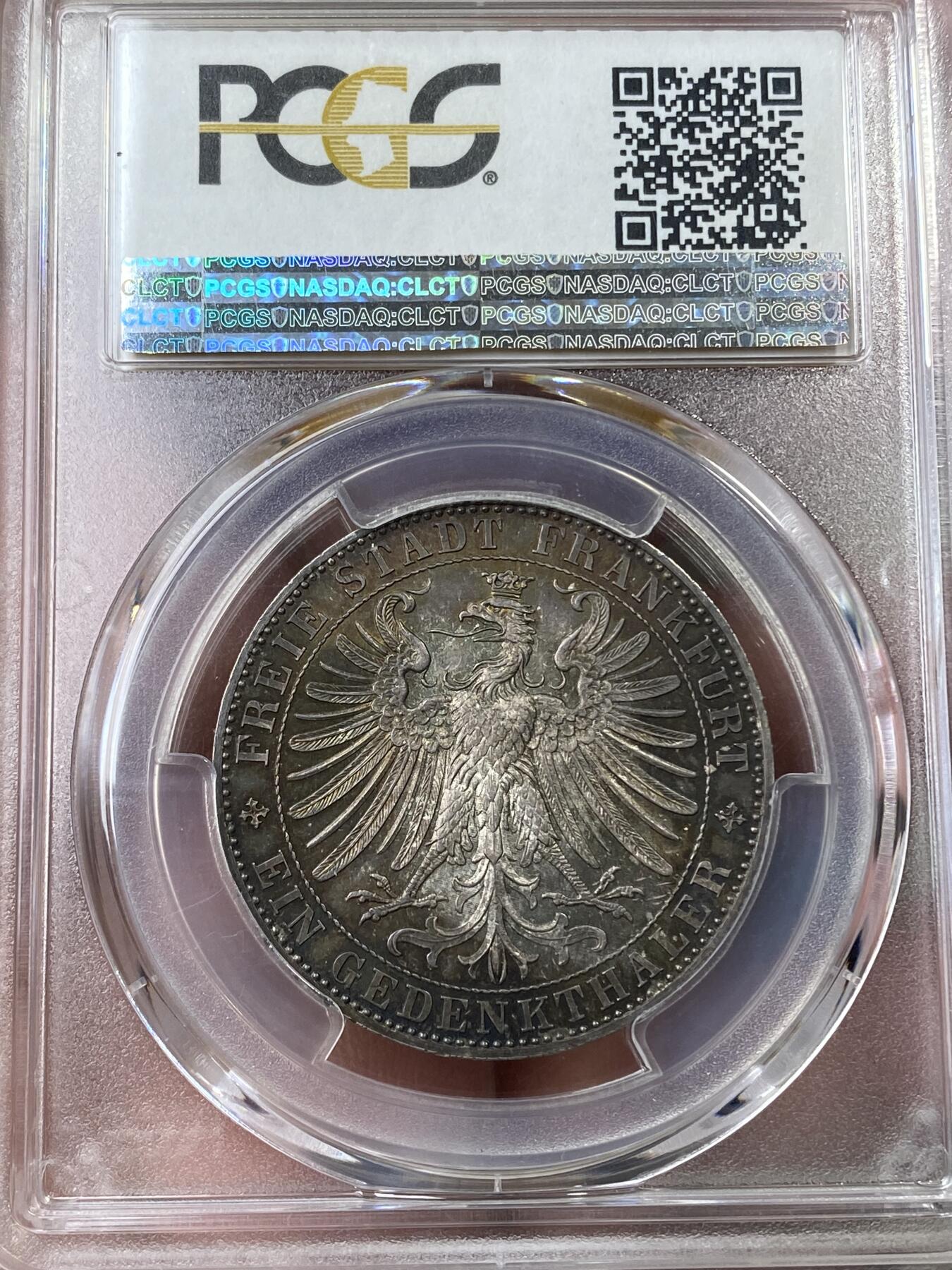 万国钱币拍卖第044期 PCGS MS66 1863年德国法兰克福王子议会泰勒 顶级五彩BU品相 肉眼无暇状态 各方面都挑不出毛病的一枚 