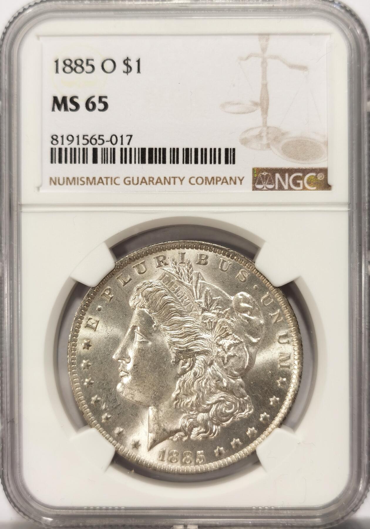 博洋堂“满目春色”三月精品专场暨第116期（全场包邮） NGC MS65 美国1885年O版摩根银币，币面转光完美丝滑，无需多言，收藏理财一步到位的品相