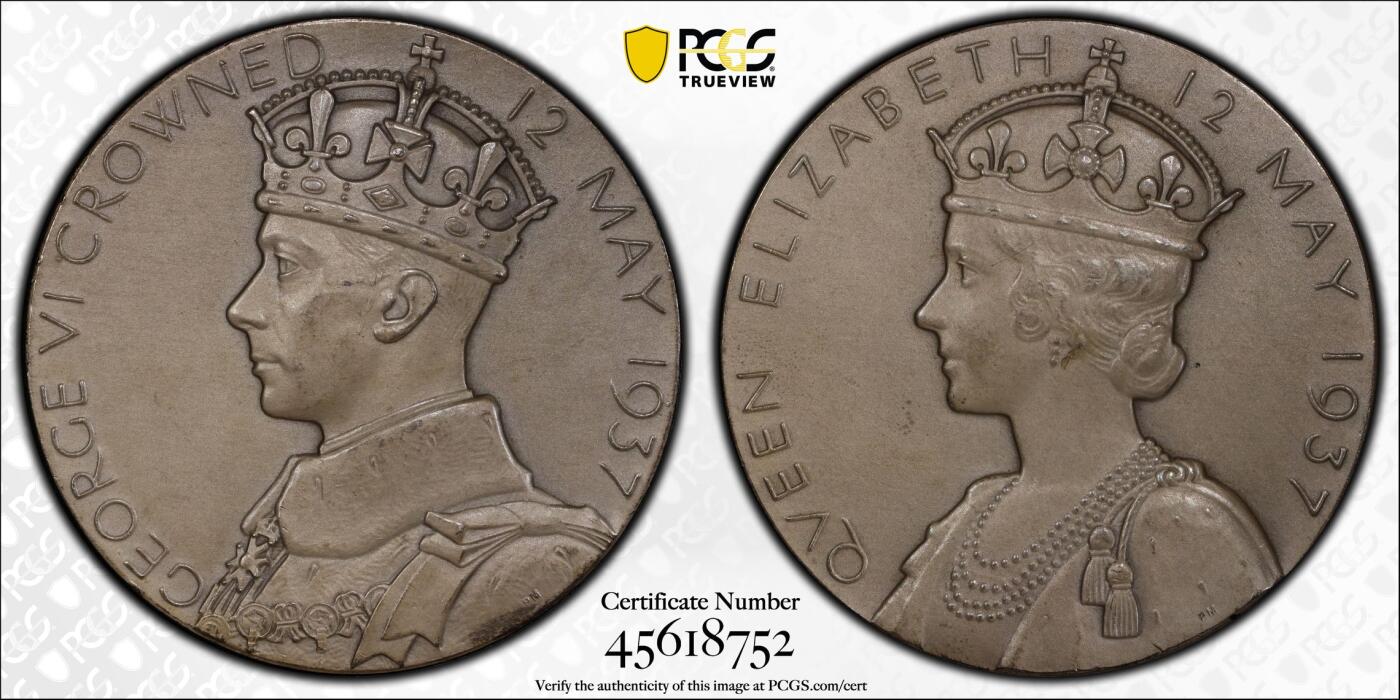 博洋堂“满目春色”三月精品专场暨第116期（全场包邮） PCGS SP63 英国1937年大英伊丽莎白和乔治6世登基大银章，56mm巨大款，不是35和40mm中小型，PP盒打盒费880，日本刚刚拍了一个61050日元同分！
