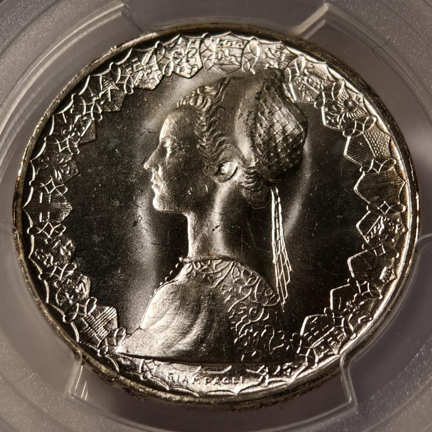 紫瑗钱币——第526期 意大利 1966年 R版 少女与帆船 500里拉 银币 PCGS MS66