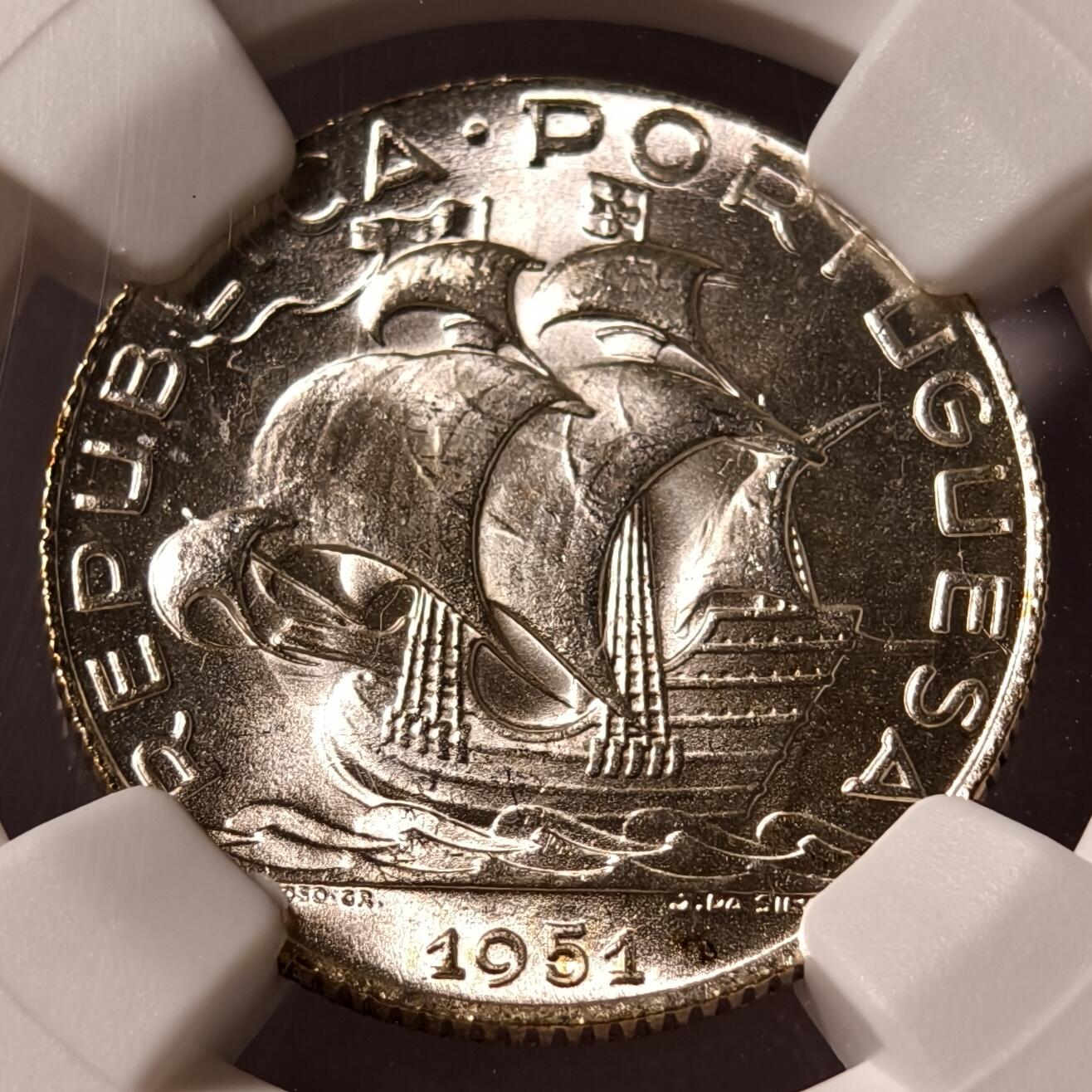 紫瑗钱币——第526期 葡萄牙 1951年 帆船 2.5埃斯库多 银币 NGC MS66