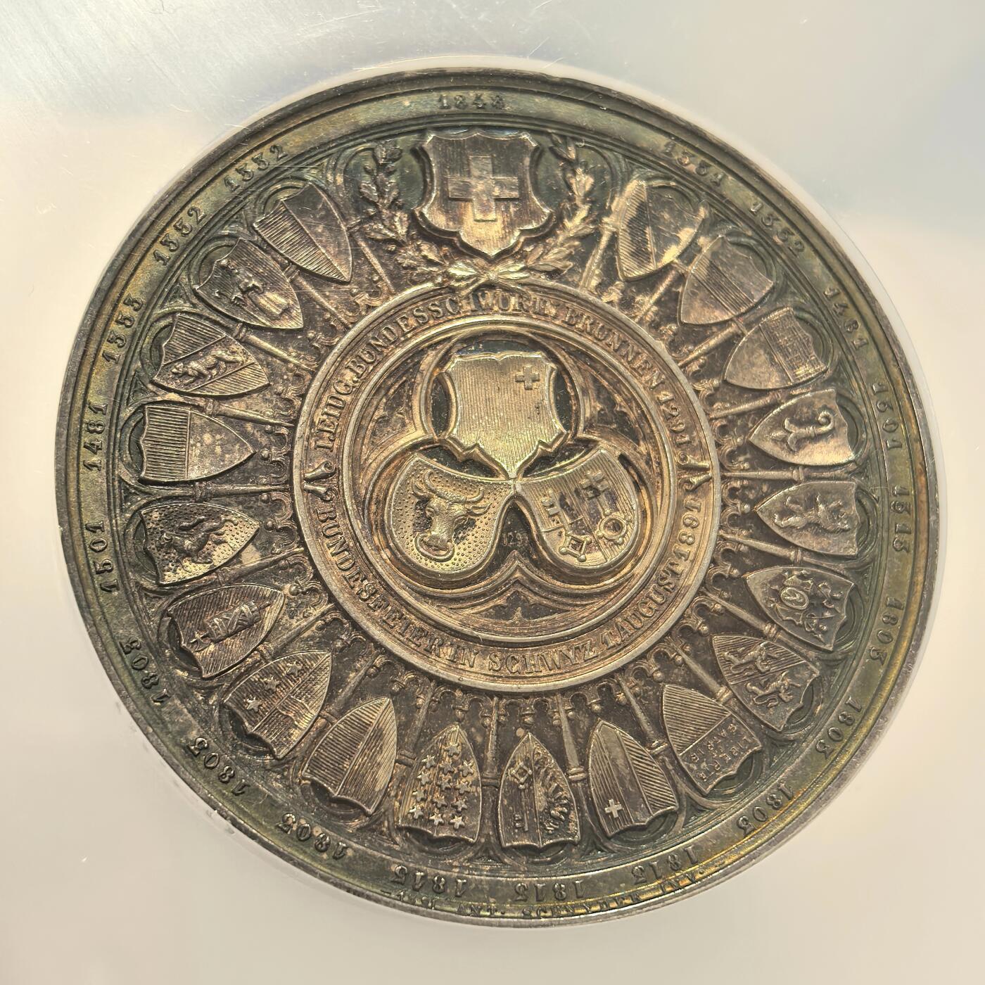 博洋堂“满目春色”三月精品专场暨第116期（全场包邮） NGC MS64 1891年瑞士联邦600年银章，直径50mm，经典品种，极美重五彩