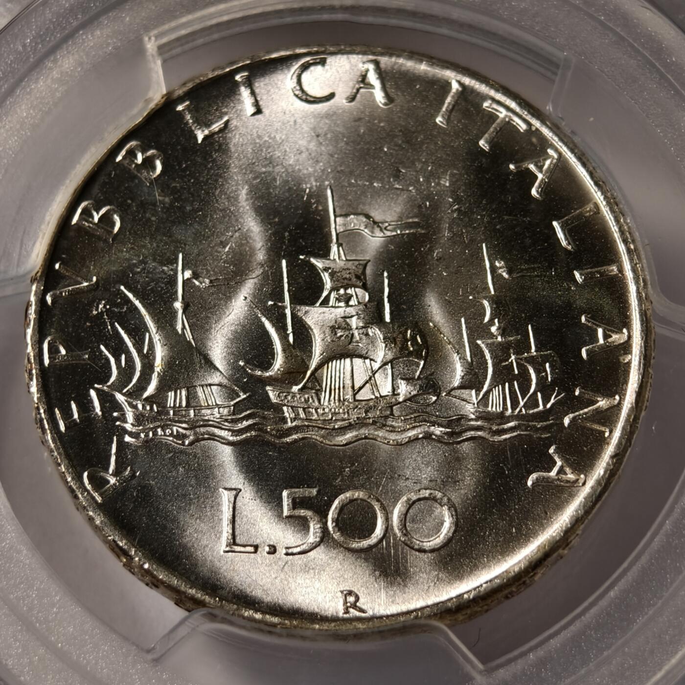紫瑗钱币——第526期 意大利 1966年 R版 少女与帆船 500里拉 银币 PCGS MS66