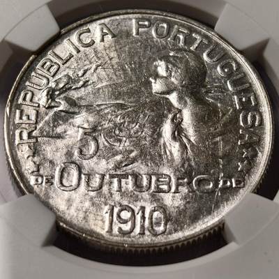 紫瑗钱币——第526期 - 葡萄牙 1910年 共和国诞生 1埃斯库多 银币 NGC AU Detail