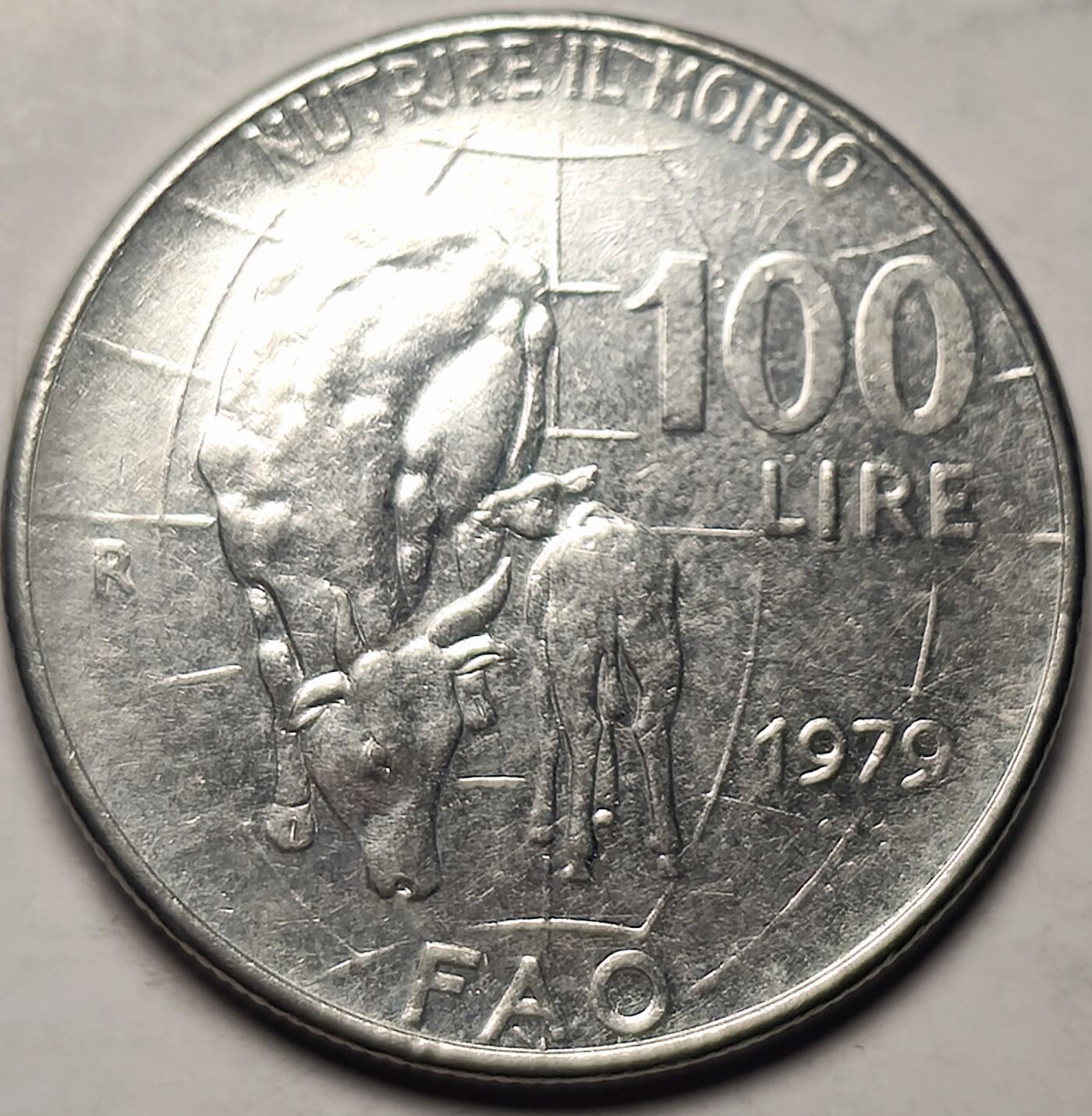 泉币菌-第14场-中外散币乐园 意大利1979年100里拉不锈钢币 母子牛 美女纪念币 FAO币 27.8MM