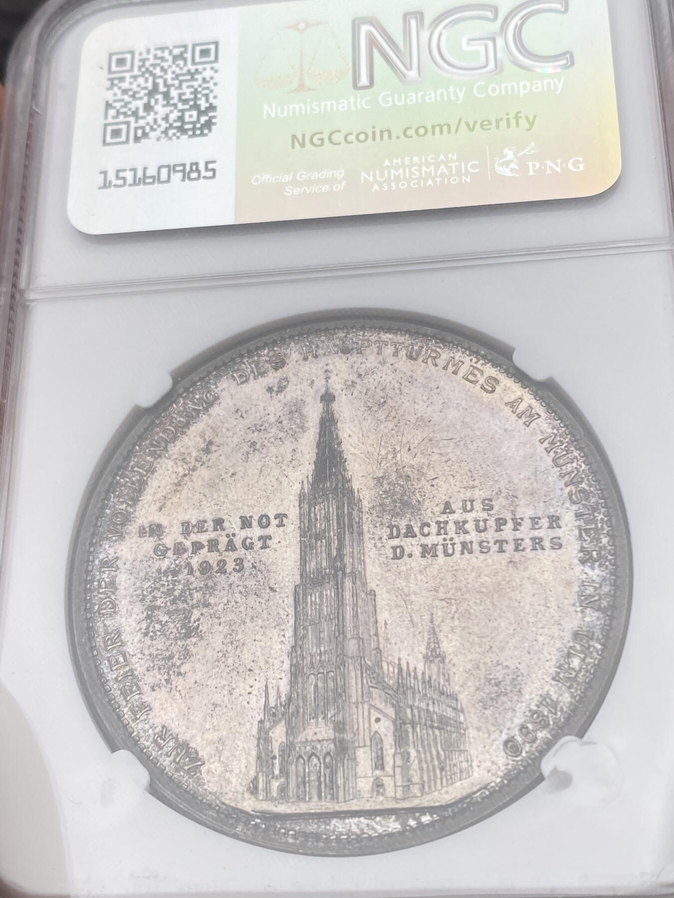 万国钱币拍卖第044期 NGC MS62 1923年德国乌尔姆敏斯特大教堂修复纪念镀银章 常见为铜制 镀银罕见 41MM