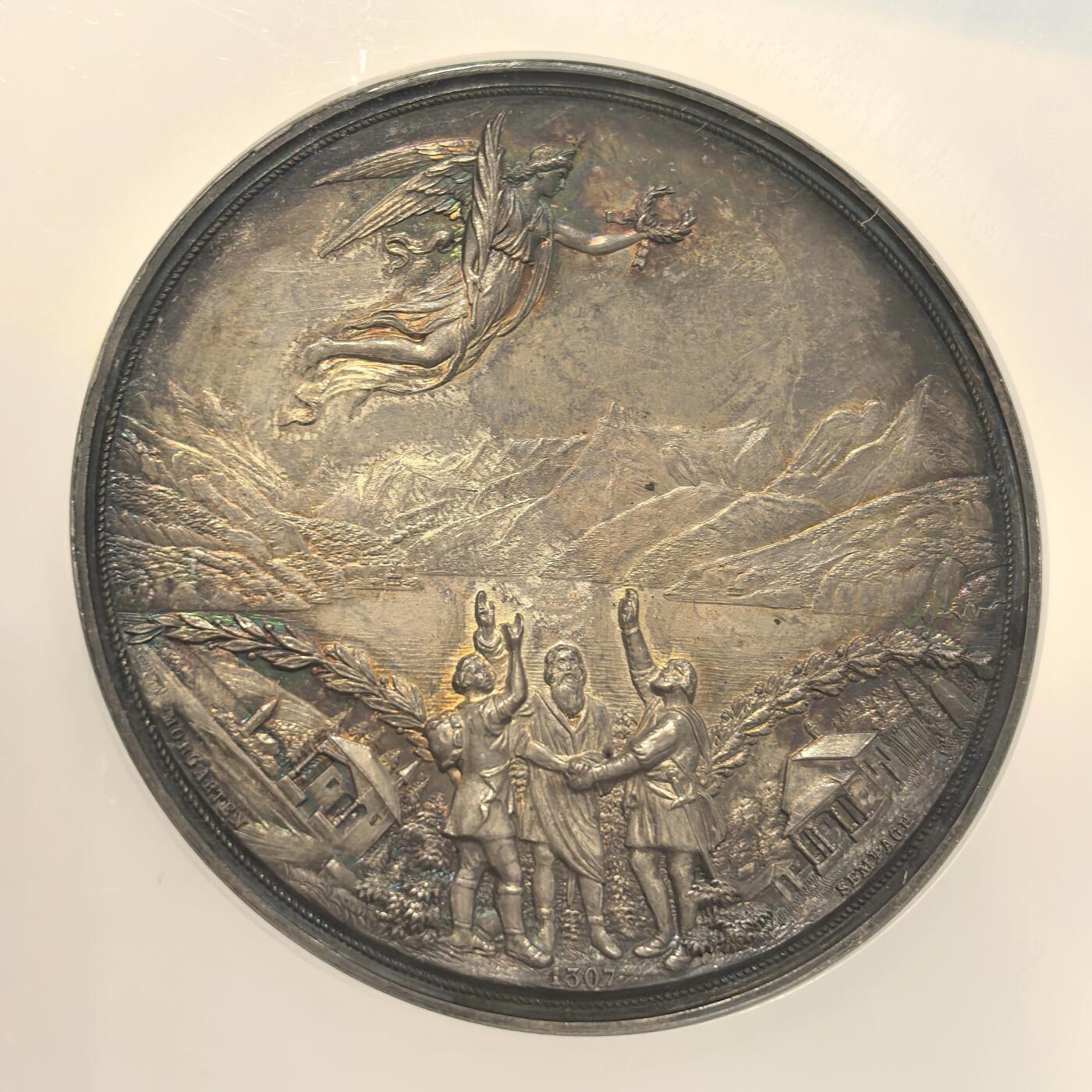 博洋堂“满目春色”三月精品专场暨第116期（全场包邮） NGC MS64 1891年瑞士联邦600年银章，直径50mm，经典品种，极美重五彩
