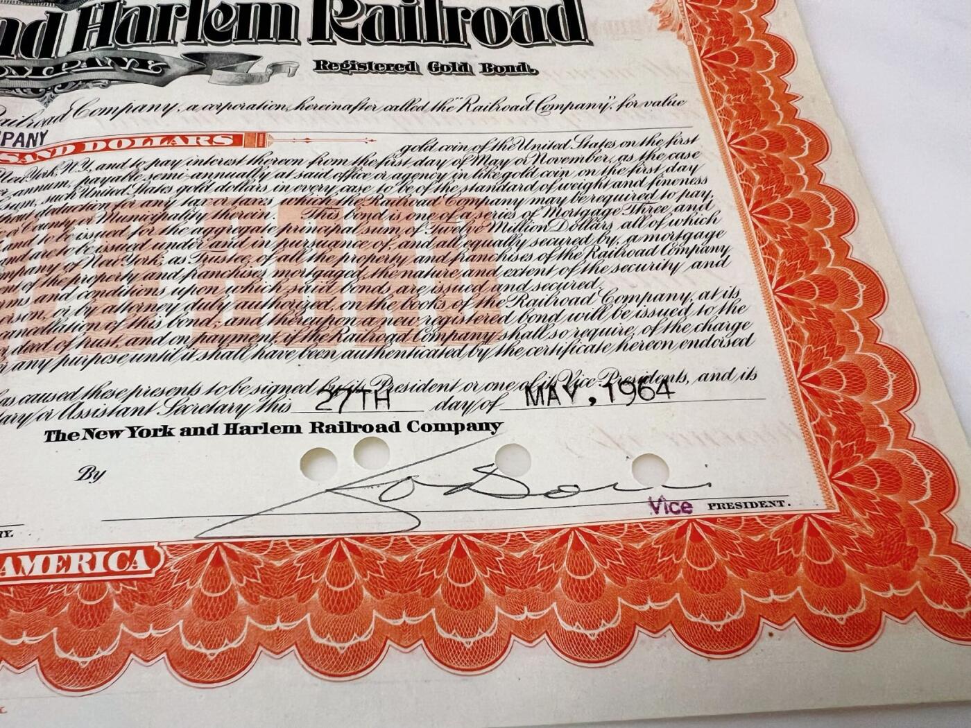 1964年纽约和哈伦铁路公司5000美元黄金债券超大票幅有公司钢印主图为公司创始人美国铁路大王范德比尔特ABNC雕刻版印制-