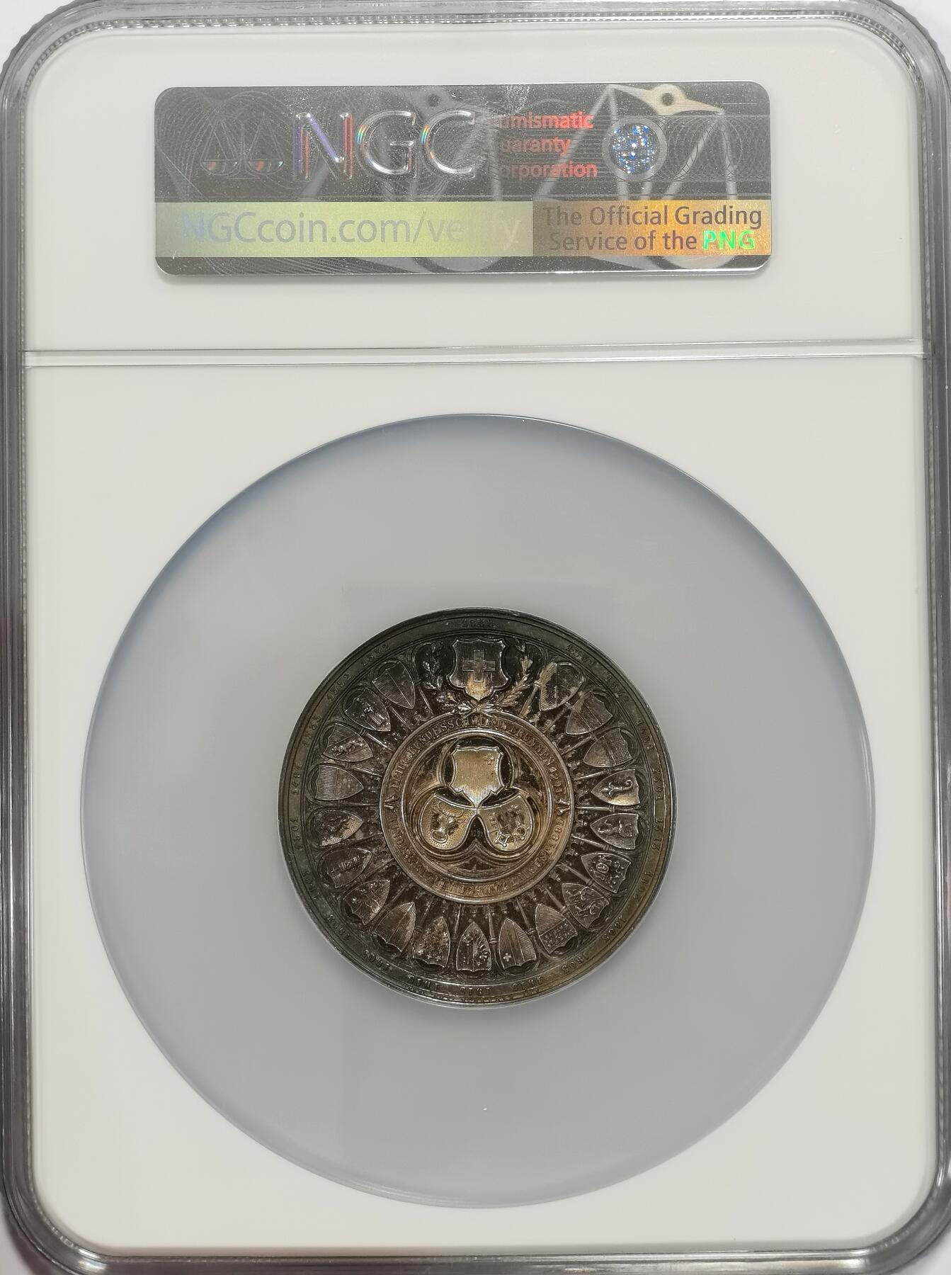 博洋堂“满目春色”三月精品专场暨第116期（全场包邮） NGC MS64 1891年瑞士联邦600年银章，直径50mm，经典品种，极美重五彩