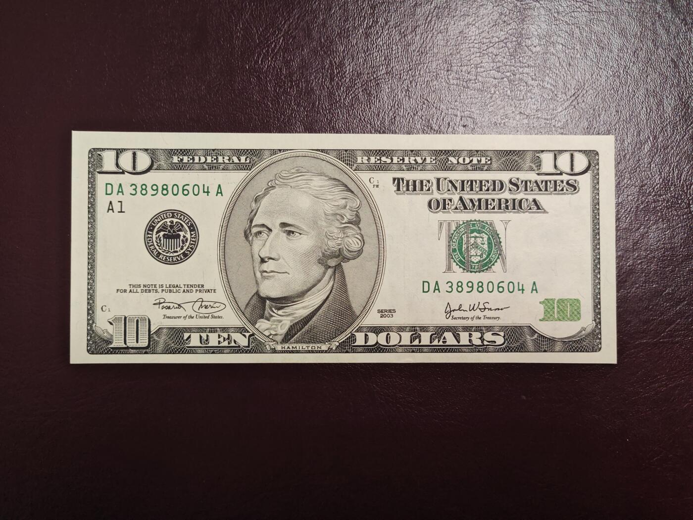 美国纸币 2003年 大头10美元 全新UNC