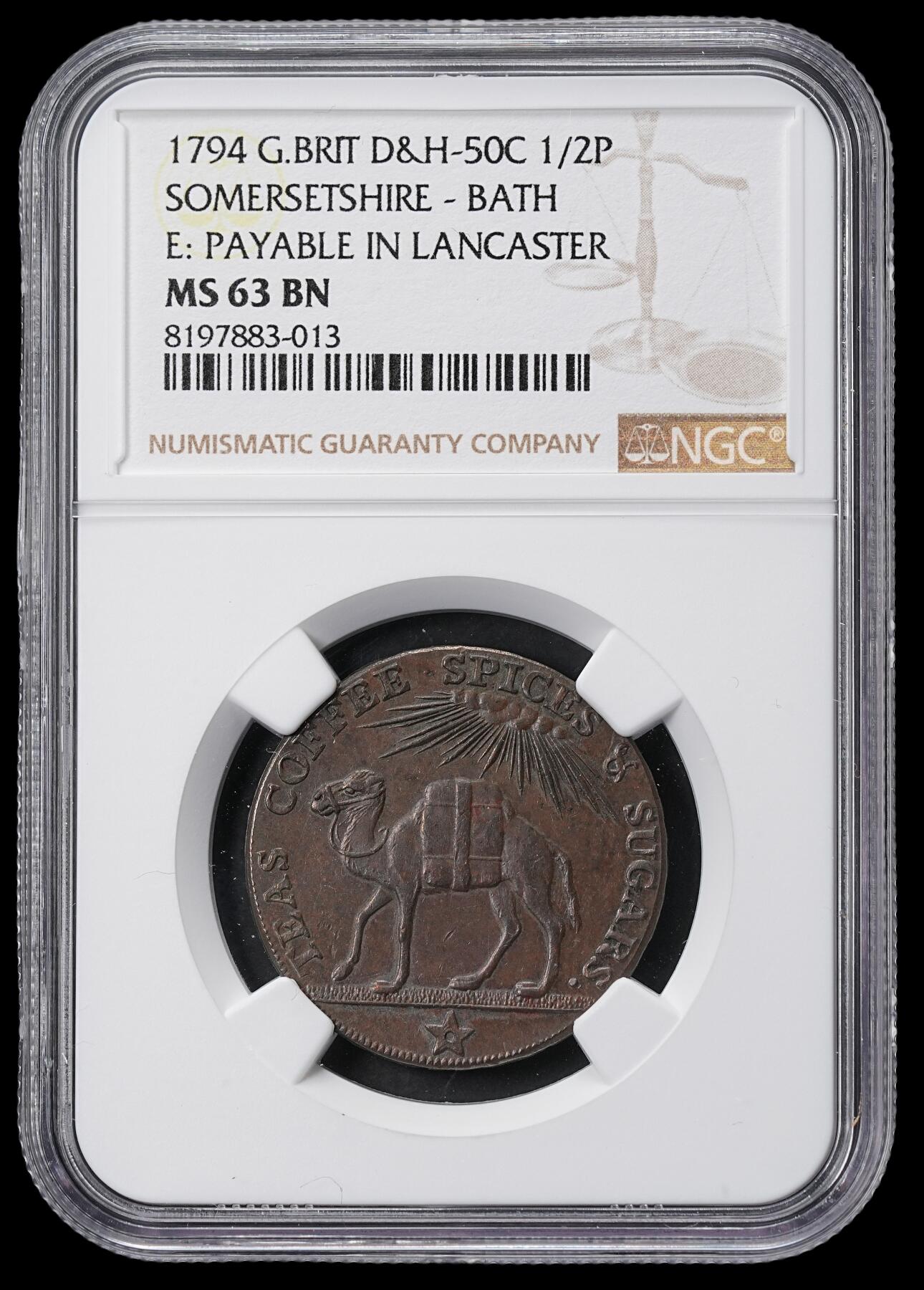 修遠堂世界钱币第六十三期 NGC MS63BN 1794年英国巴斯-M. Lambe & Son茶业公司1/2便士贸易代用币