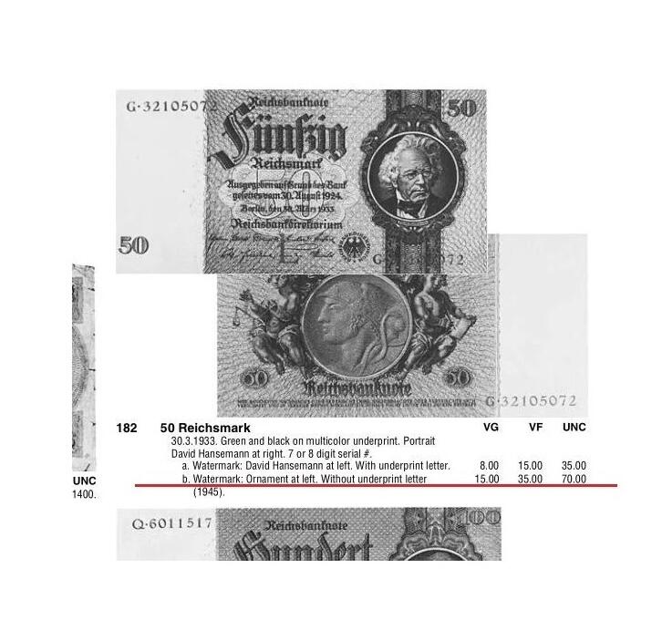 德国第三帝国1933年银行家50马克 无字母花纹水印版 极美品