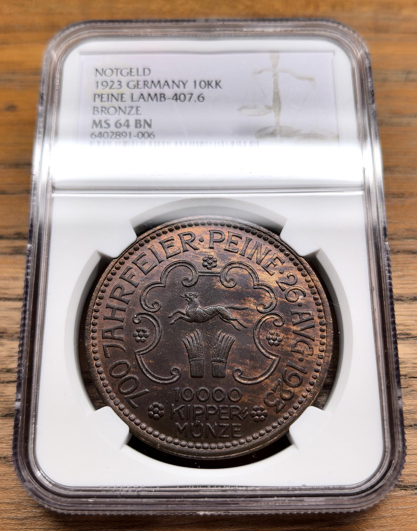 凡希社世界钱币微拍第三百期 1923德紧佩恩猫头鹰10000K大铜NGC-MS64