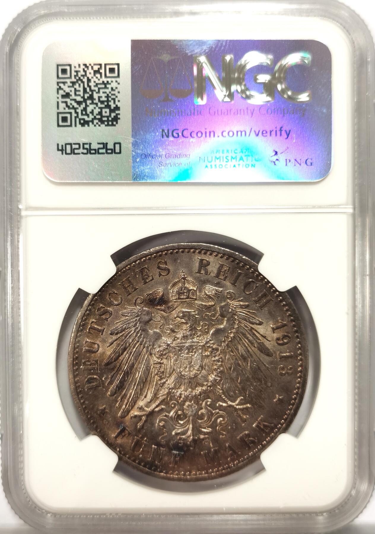 博洋堂“满目春色”三月精品专场暨第116期（全场包邮） NGC MS62 德国普鲁士1913年威廉二世军装5马克银币